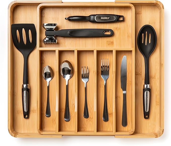 SMIRLY Silverware Organizer, Bamboo Kitchen Drawer Organizer, Kitchen Utensil Organizer for Kitchen Drawers, Bamboo Silverware Drawer Organizer, Utensil Drawer Organizer, Utensil Holder