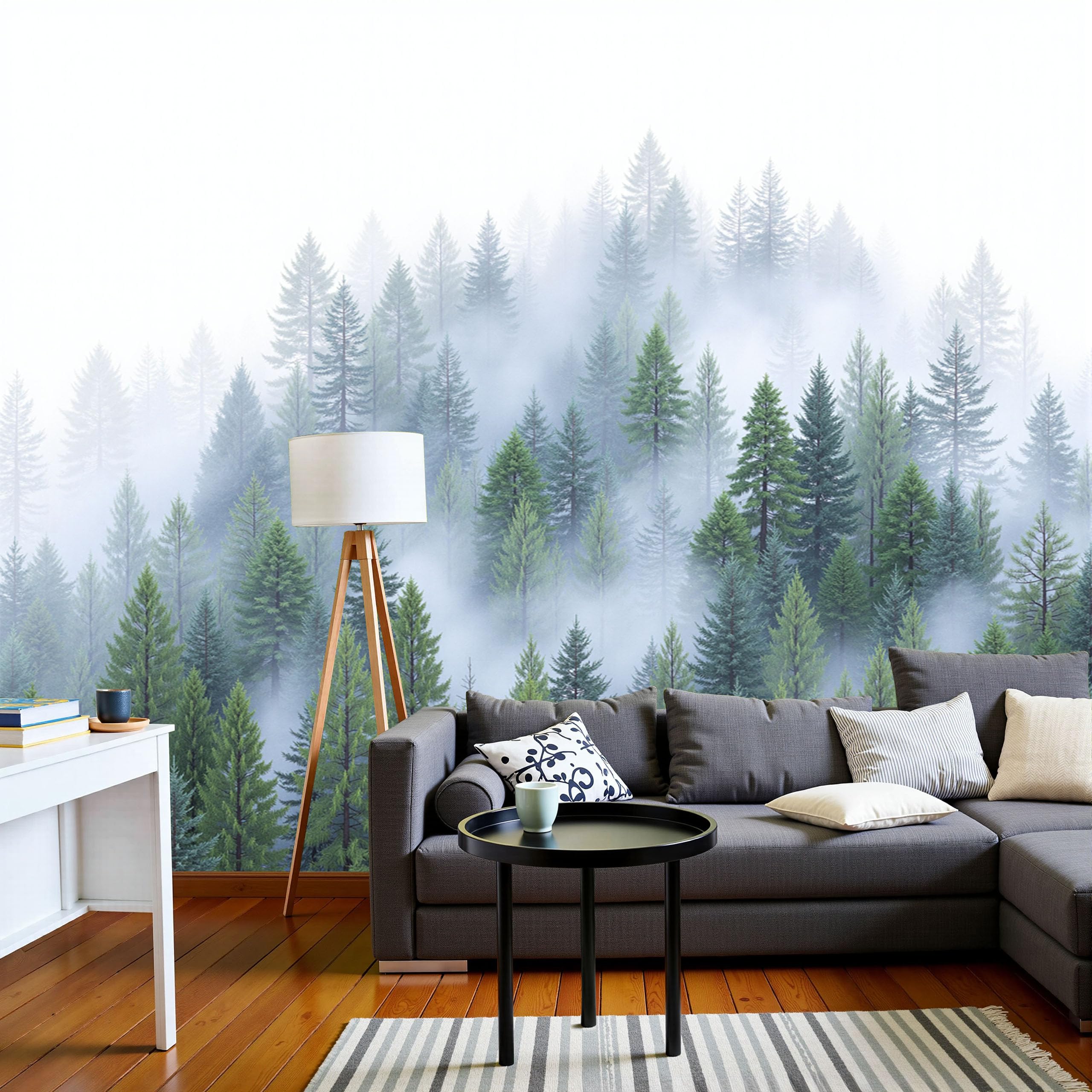 Papier peint panoramique pour agrandir un salon avec forêt de pins 3D soie
