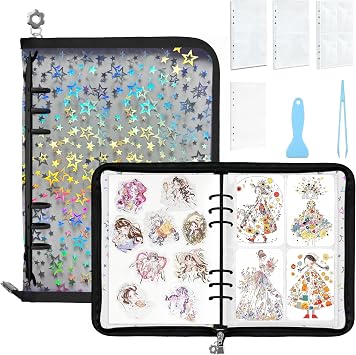 Mlife Sticker Storage Organizer,Sticker Organizer Binder Reusable Sticker Book Collecting Album A5 Sticker Collecting Book Clear Sticker Album Holder with Blank Release Paper, Tweezer & Spatula(Black)