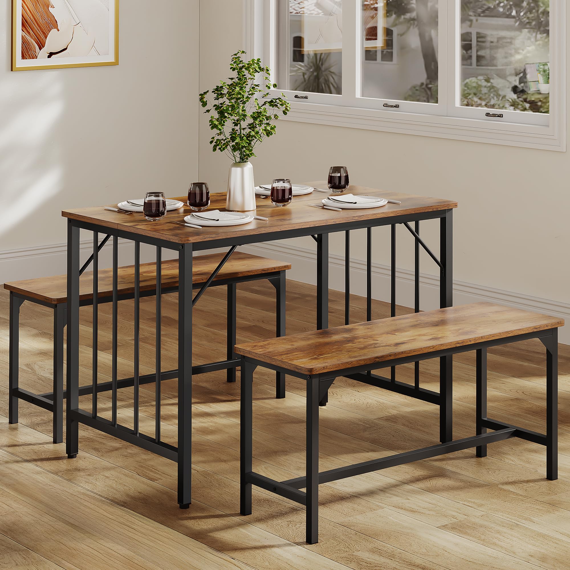 YITAHOME Ensemble Table de Salle à Manger et 2 chaises, Ensemble de Salle à Manger 3 pièces avec Banc, Peu encombrant, Table à Manger pour Cuisine, Appartement, Marron Rustique