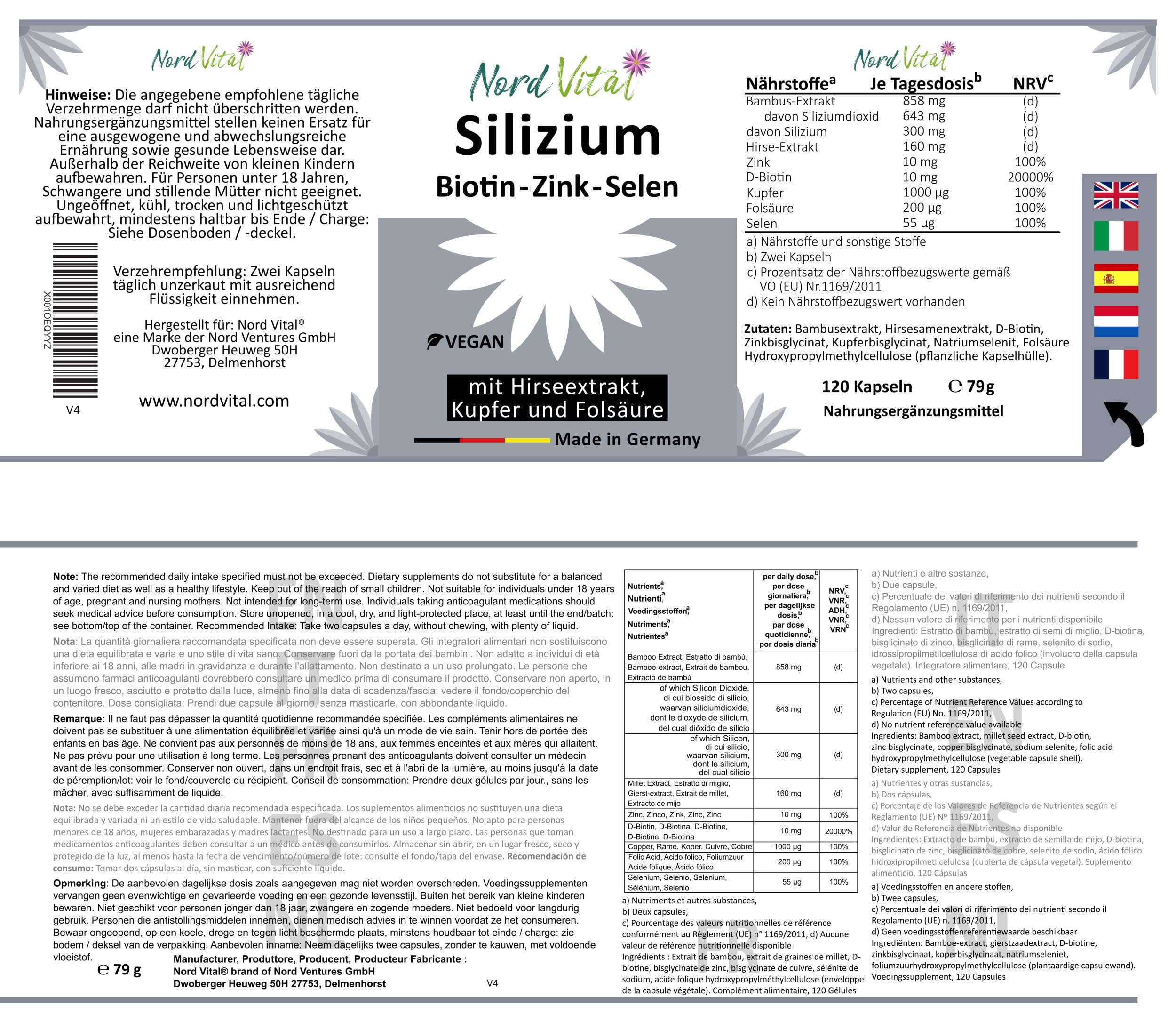 Hochdosiertes Silizium aus Bambus-Extrakt (850 mg), Hirse-Extrakt, Biotin, Zink, Selen, Kupfer, und Folsäure - organisches Silicium mit hoher Bioverfügbarkeit -120 Kapseln -Vegan - deutsche Produktion