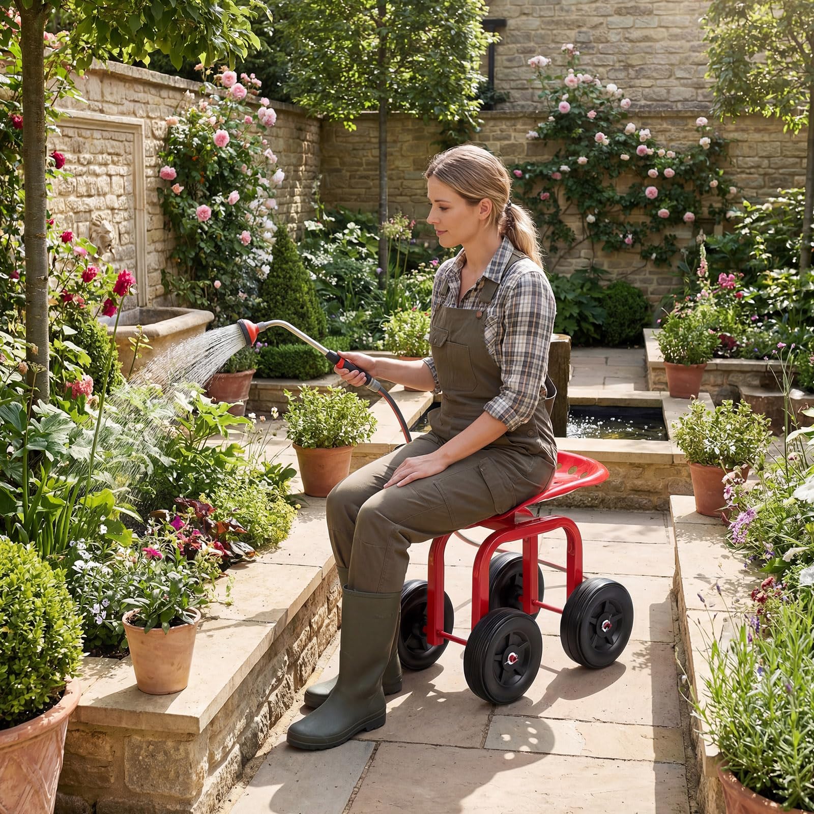 COSTWAY Sgabello con Ruote per Giardinaggio, Sedile con Ruote Regolabile in Altezza e Portatile, Seggiolino da Giardino, Prato e Cortile, Portata 150kg (Rosso)