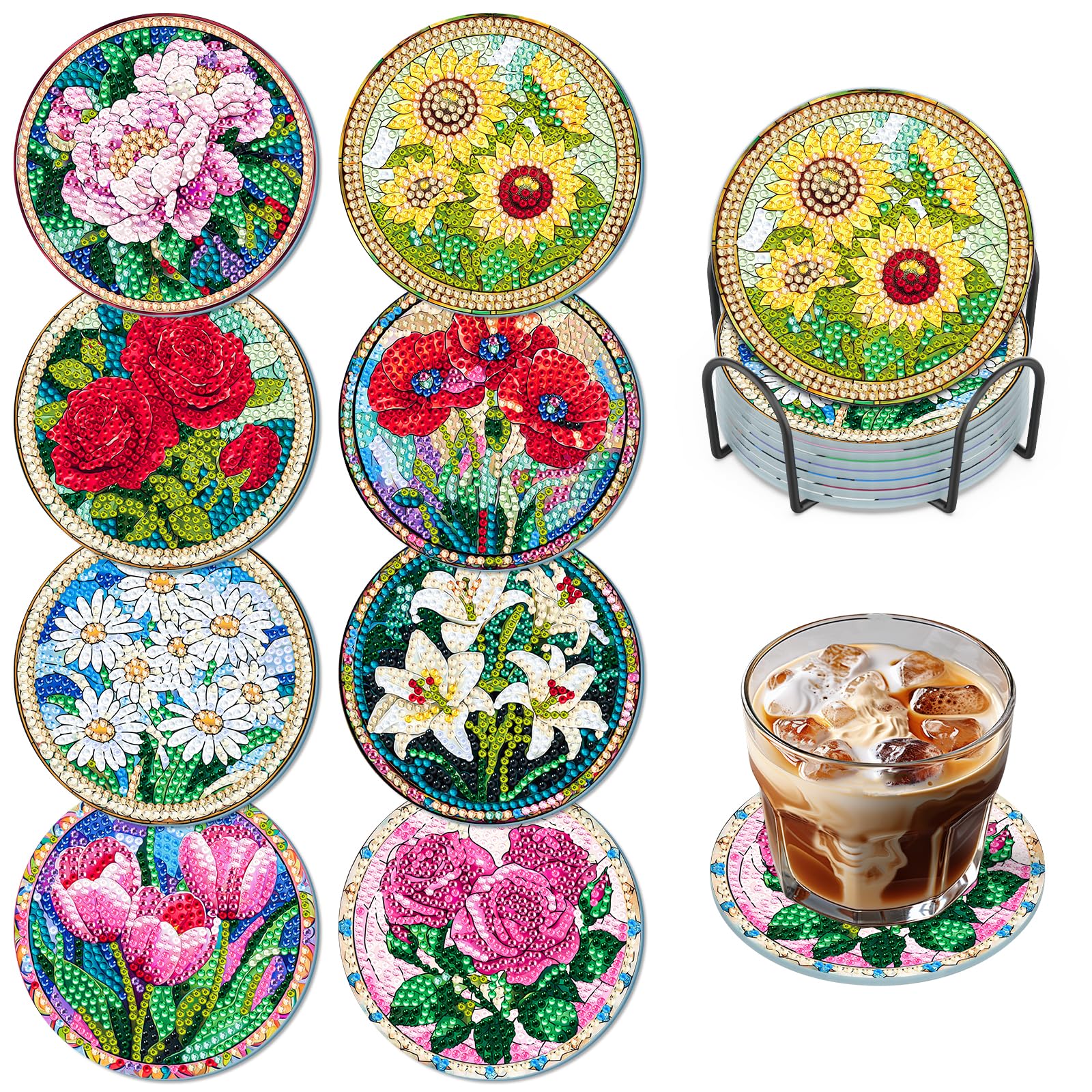 MEIYUDA 8PCS Diamond Art Coasters, DIY Flowers Diamond Painting Coasters Kit 5D Diamonds Drink Coaster with Holder, Flower Coasters Kit for Beginner Adults, Diamond Art Crafts Supplies