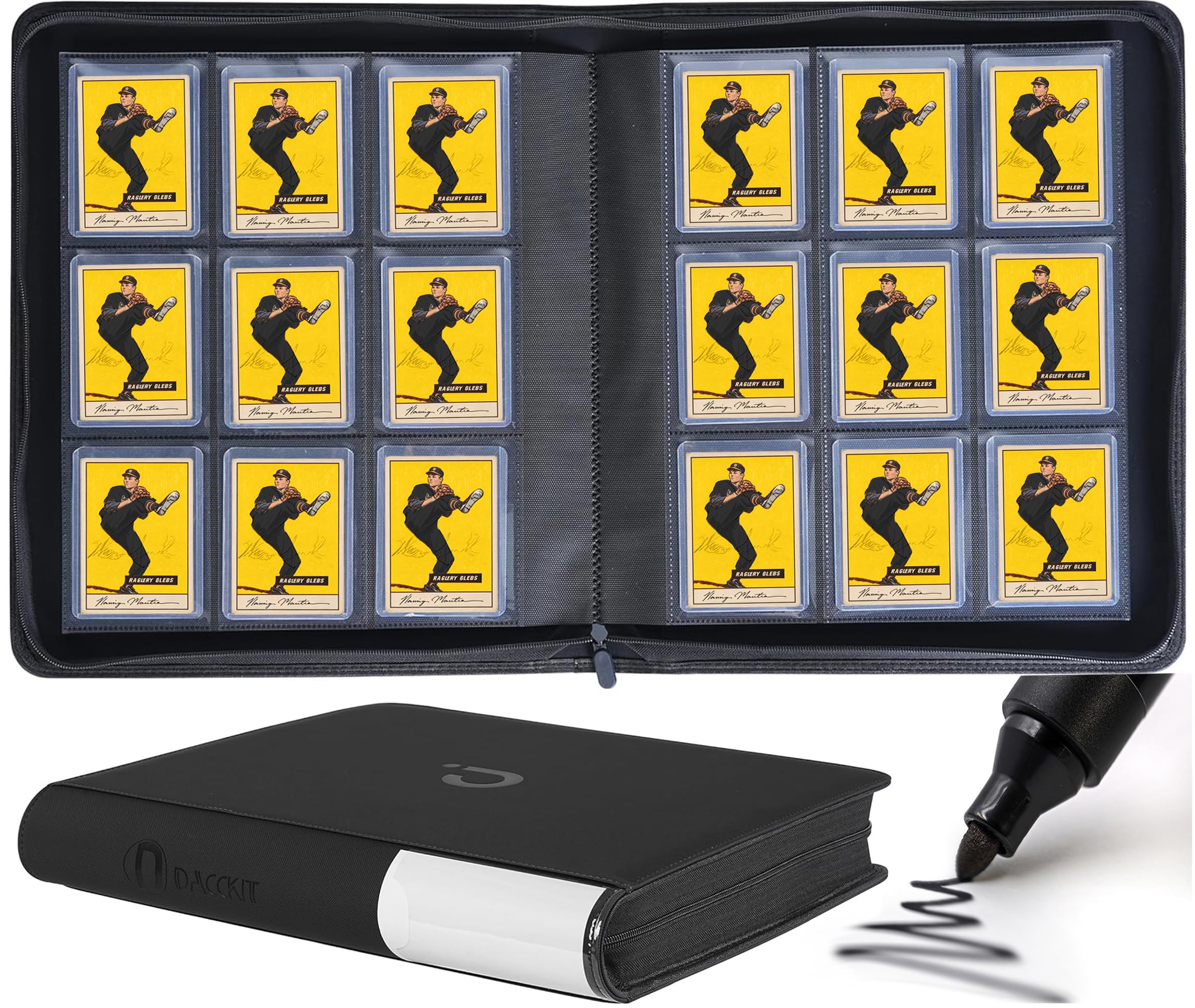 D DACCKIT Raccoglitore con apertura dall'alto, può contenere 288 toploader, raccoglitore a 9 tasche per carte rigide da 7,6 x 10,2 cm, per carte collezionabili o carte sportive (modello B, nero