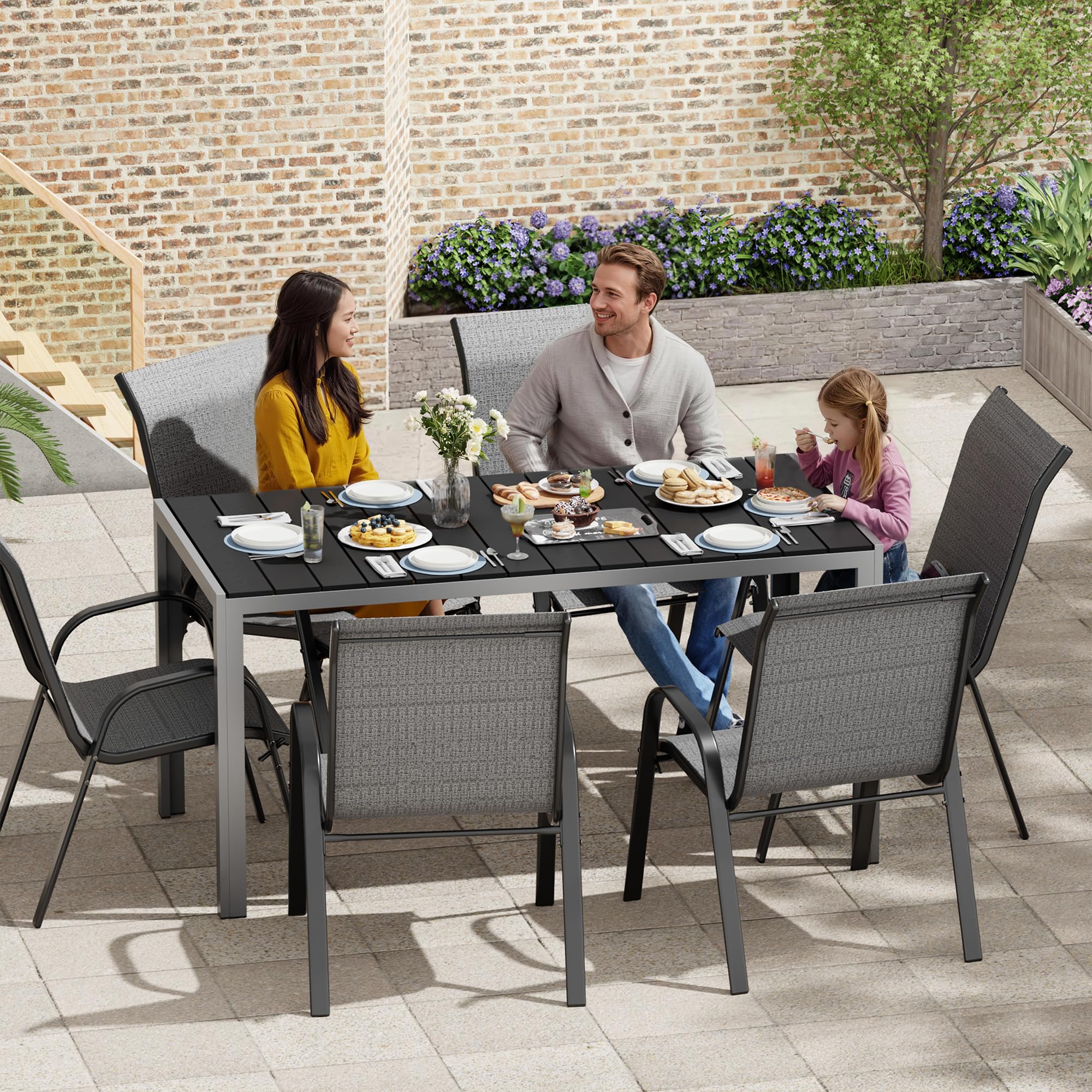 Amopatio Gartentisch Wetterfest 150×80 cm, WPC Balkontisch Aluminium, Rechteckiger Terrassentisch UV-beständig Gartenmöbel für Garten & Outdoor, Moderner Esstisch Grau-Grau