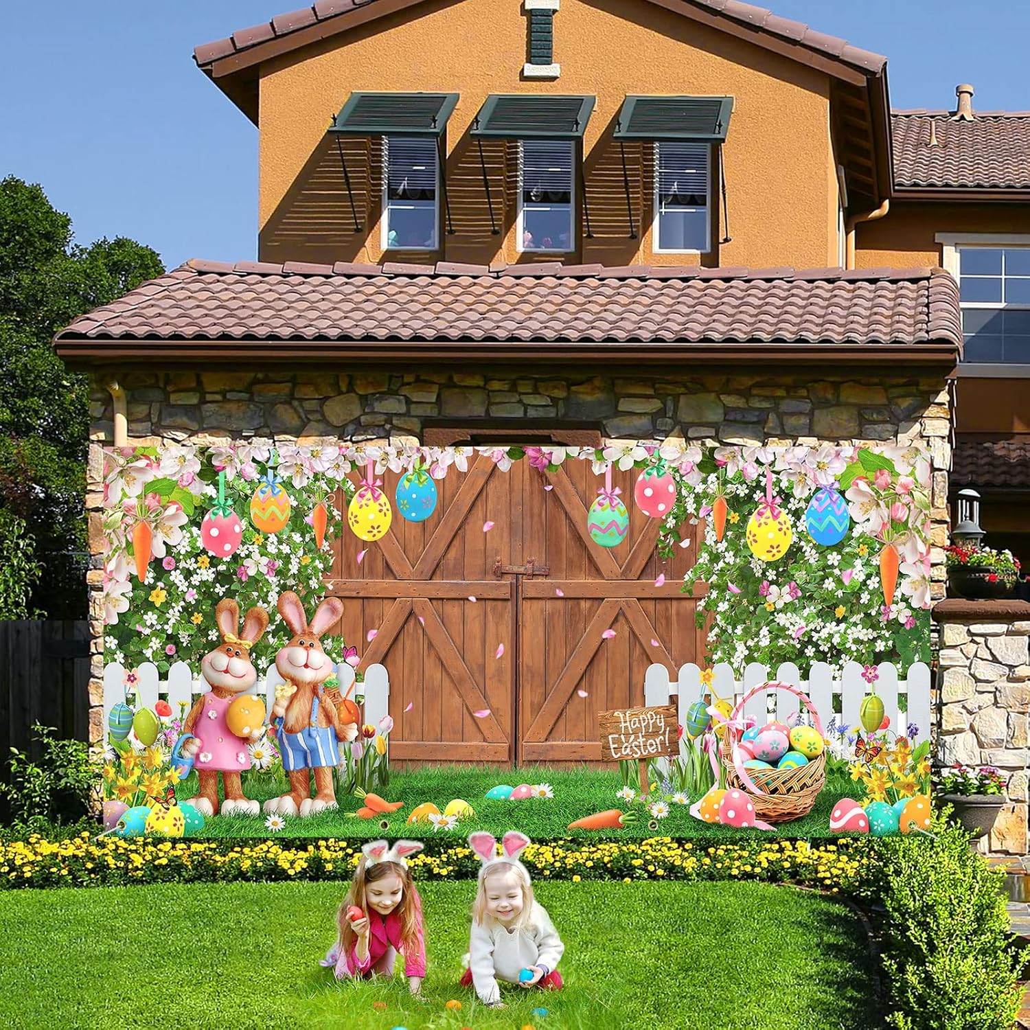 Easter Backdrop for Photography 6 x 13 ft Large Spring Photography Backdrops Vinyl Bunny Rabbit Colorful Eggs Floral Baby Kids Portrait Photo Props for Holiday Photoshoot Picture Garage