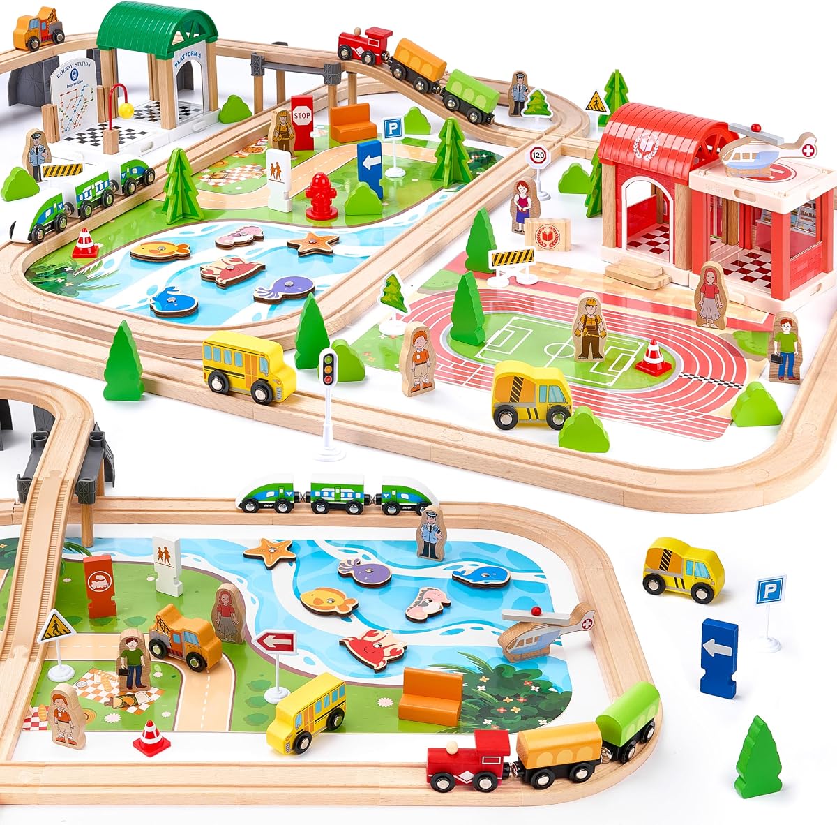 Juego de tren de madera de 175 piezas para niños de 3 a 8 años, vía de tren expandible de doble cara con rompecabezas y juguetes de pesca magnéticos compatibles con las principales marcas, juego de ferrocarril STEM regalos para niños y niñas
