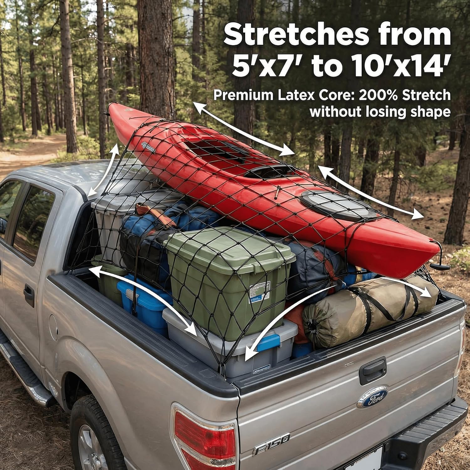 Heavy Duty Latex Cargo Net for Pickup Truck Bed 5'x7' to 10'x14' Stretch - Bungee Mesh Tie Down System with 10 Metal Carabiners & 16ft Strap for Highway Moving Camping
