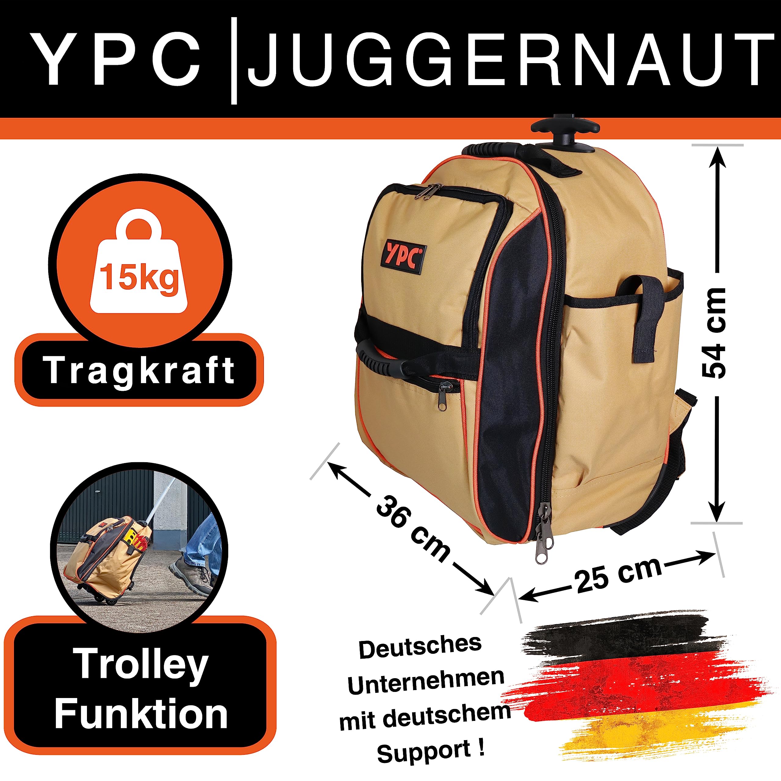 YPC Juggernaut plecak na kółkach – 54 x 36 x 25 cm, 50-55 l, plecak na narzędzia XXL, wodoodporny, lekkobieżne kółka, stabilny uchwyt teleskopowy, uchwyt do noszenia, pasek na ramię, pasek na klatkę