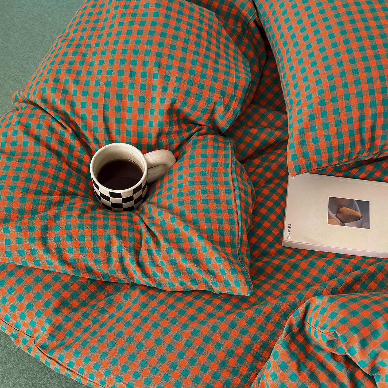 LifeTB Twin XL Comforter Set Orange Green Gingham Comforter with 2 Pillowcases Modern Style Grid Plaid Comforter Set Lightweight Soft Gingham Bedding Set Fluffy Checkered Comforter Twin XL