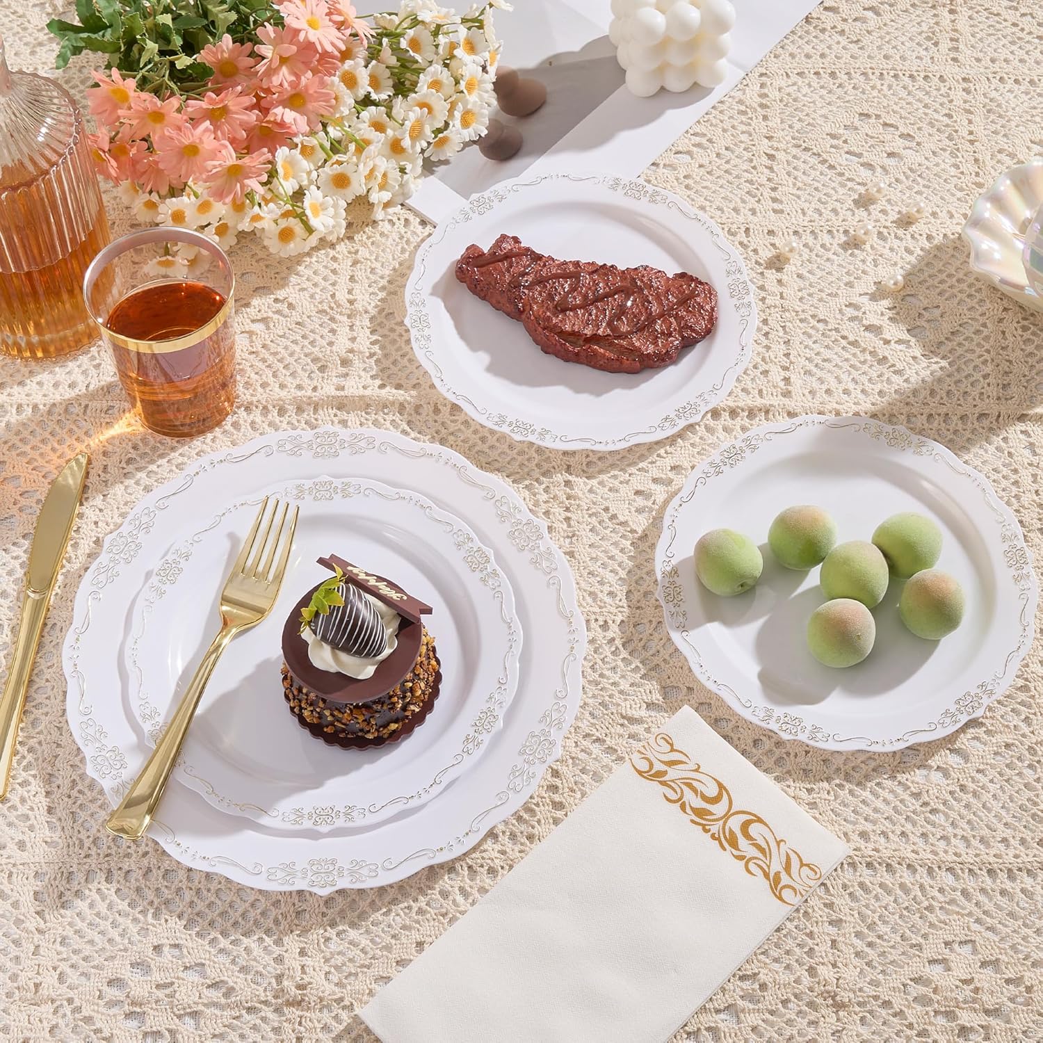 Fijinhom 350 PCS White and Gold Disposable Plates, Elegant Dinnerware Set for 50 Guests, 100 Plastic Plates, 150 Silverware, 50 Cups & 50 Paper Napkins, White and Gold - Image 6