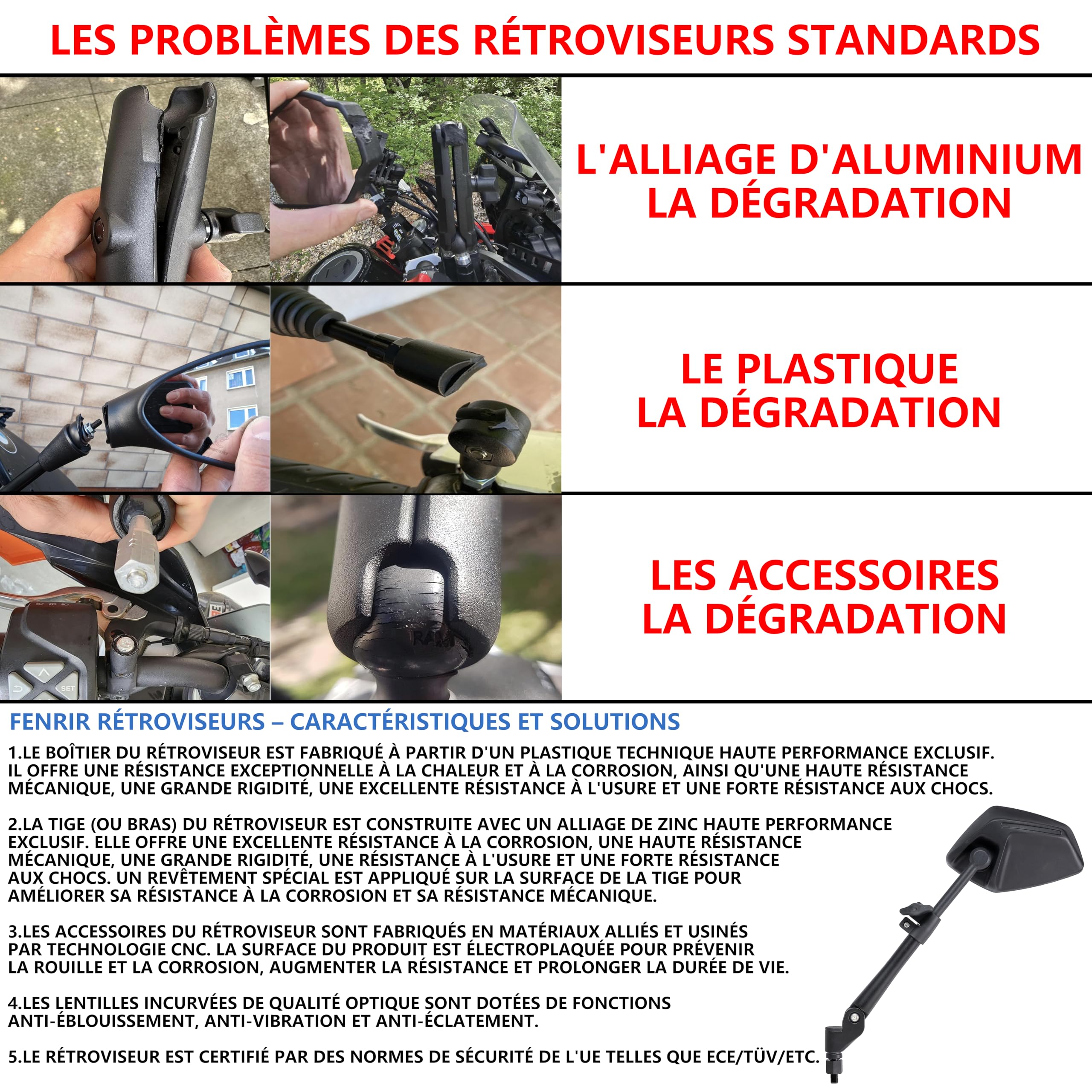 FENRIR Homologué Rétroviseur Moto Retroviseur Indestructibles Fonction Pliable Anti-éblouissement Lentilles Courbes Anti-vibration Ajustables Compatible avec Les Adventure Enduro Tourer (801-0118)