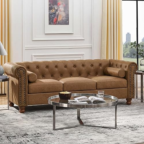 Sofá Air de cuero copetudo para sala de estar, sofá de 3 plazas con brazo enrollado con ribete de cabeza de clavo y 2 almohadas para el cuello, sofá