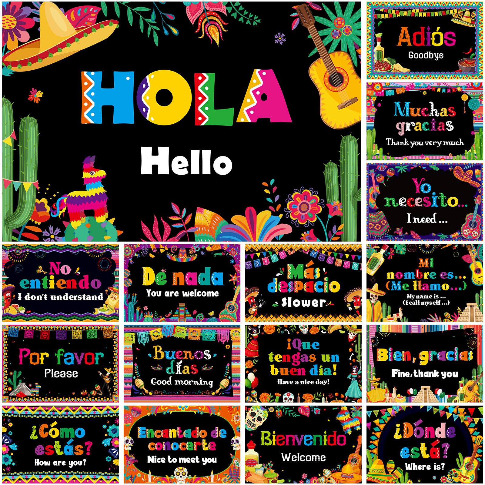 Sinload 16 Pcs Spanish Posters Spanish Words Phrases Posters Spanish English Classroom Decorations Set Spanish Bulletin Board Educational Materials for Teachers Kids Preschool Primary (Mexico)