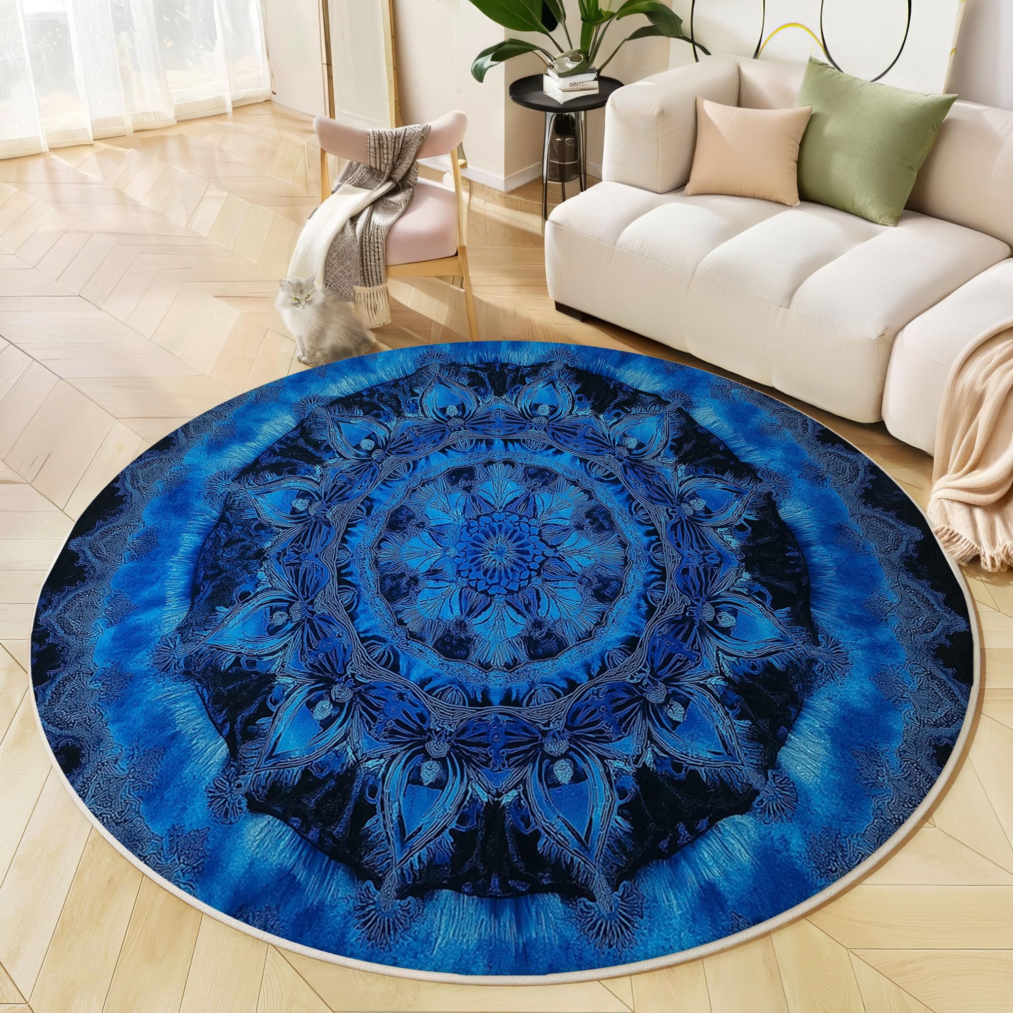 Tapis Rond à Poils Ras Mandala Antidérapant Lavable Tapis de Sol Style Tie-Dye Moquette Décoration pour Salon Chambre Canapé Descente de lit, 180cm, Indigo