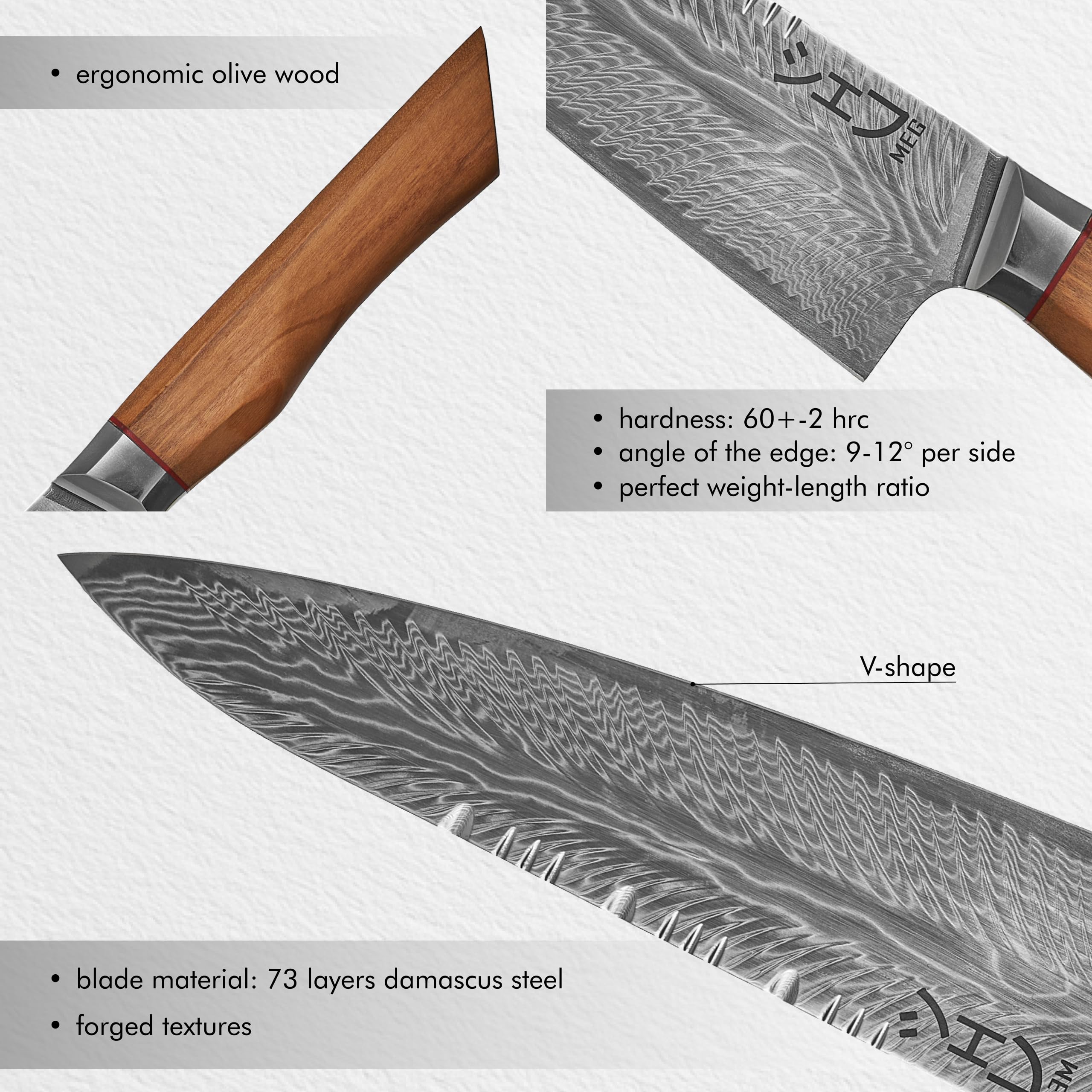 MEG Cuchillo Chef Gyuto Japones, Damasco de 73 capas con patrón pluma – Acero Alto Carbono, Filo en V Profesional, Mango de madera de olivo y Caja de Madera de Acacia – Cuchillo de Cocina Premium