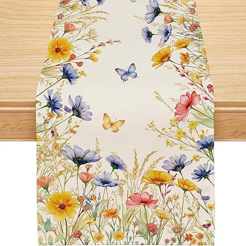 Sprin Table Runner, Colorful Wild Flower Butterfly Floral Spring Runner