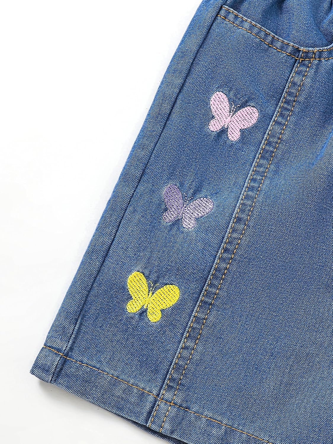 Girls Denim Shorts Cute Butterfly Embroidery Elastic High Waist Summer Jean Shorts