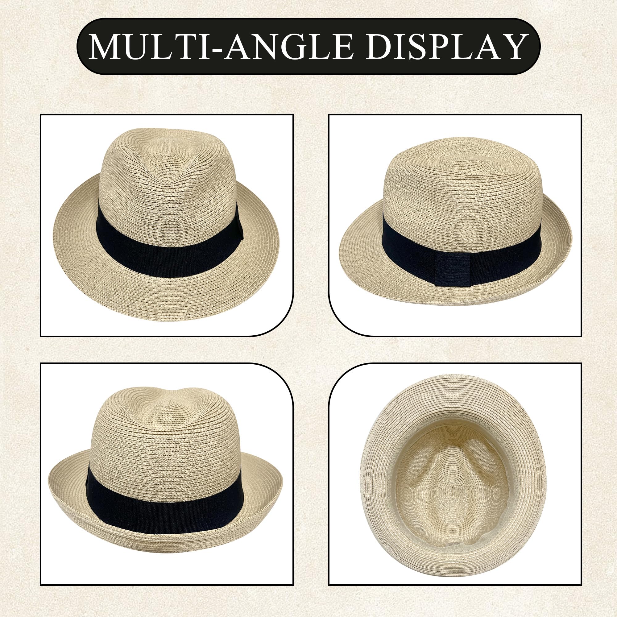 Wildarms Sombrero Fedora de Paja para Mujer, Estilo panamá, Sombrero de Verano con Banda Negra, Ligero y Transpirable