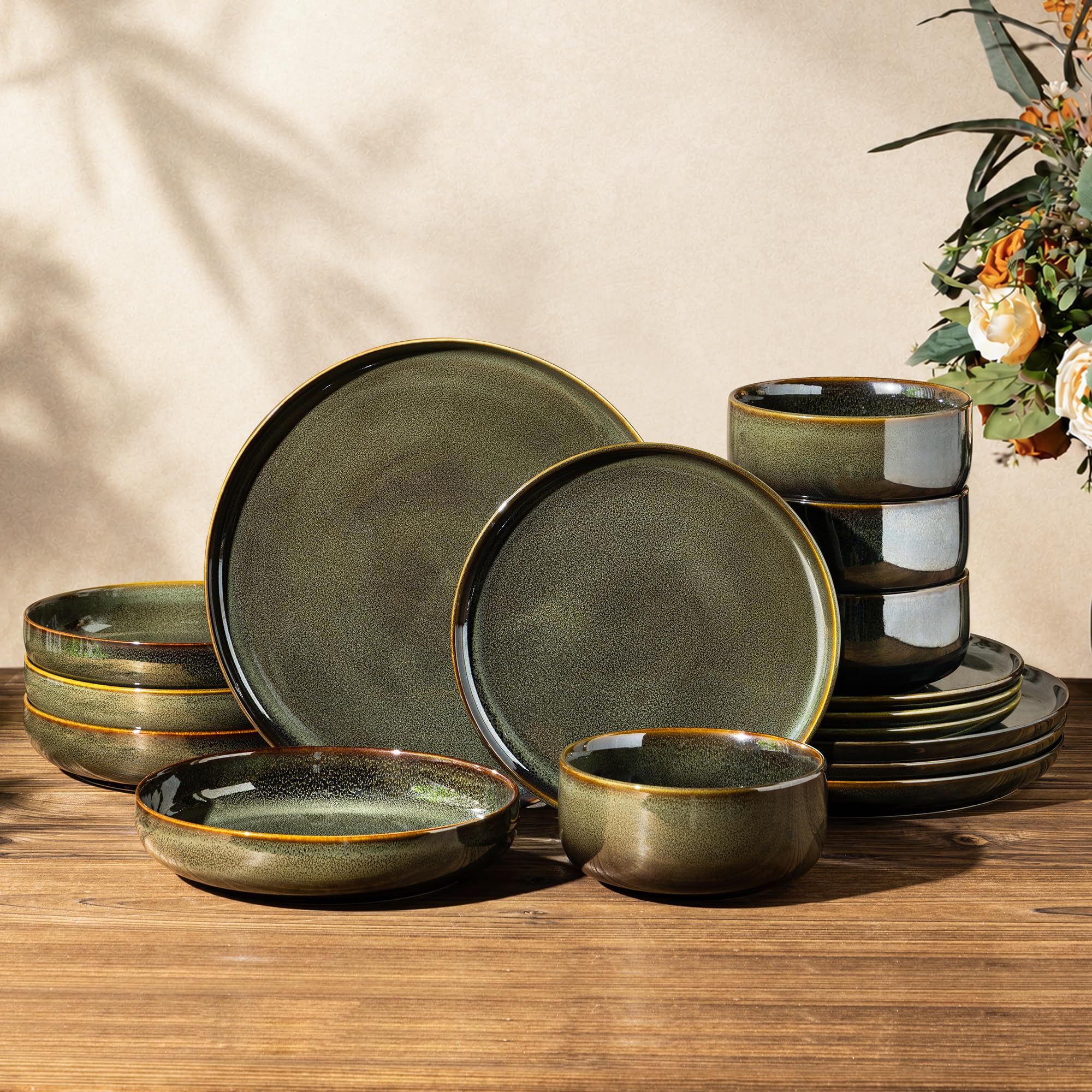 Ceramic Dinnerware Set for 4, 16-Piece Plates and Bowls Set | Handmade Reactive Glaze Dish Set, Scratch Resistant, Oven &amp; Microwave &amp; Dishwasher Safe, Olive Green