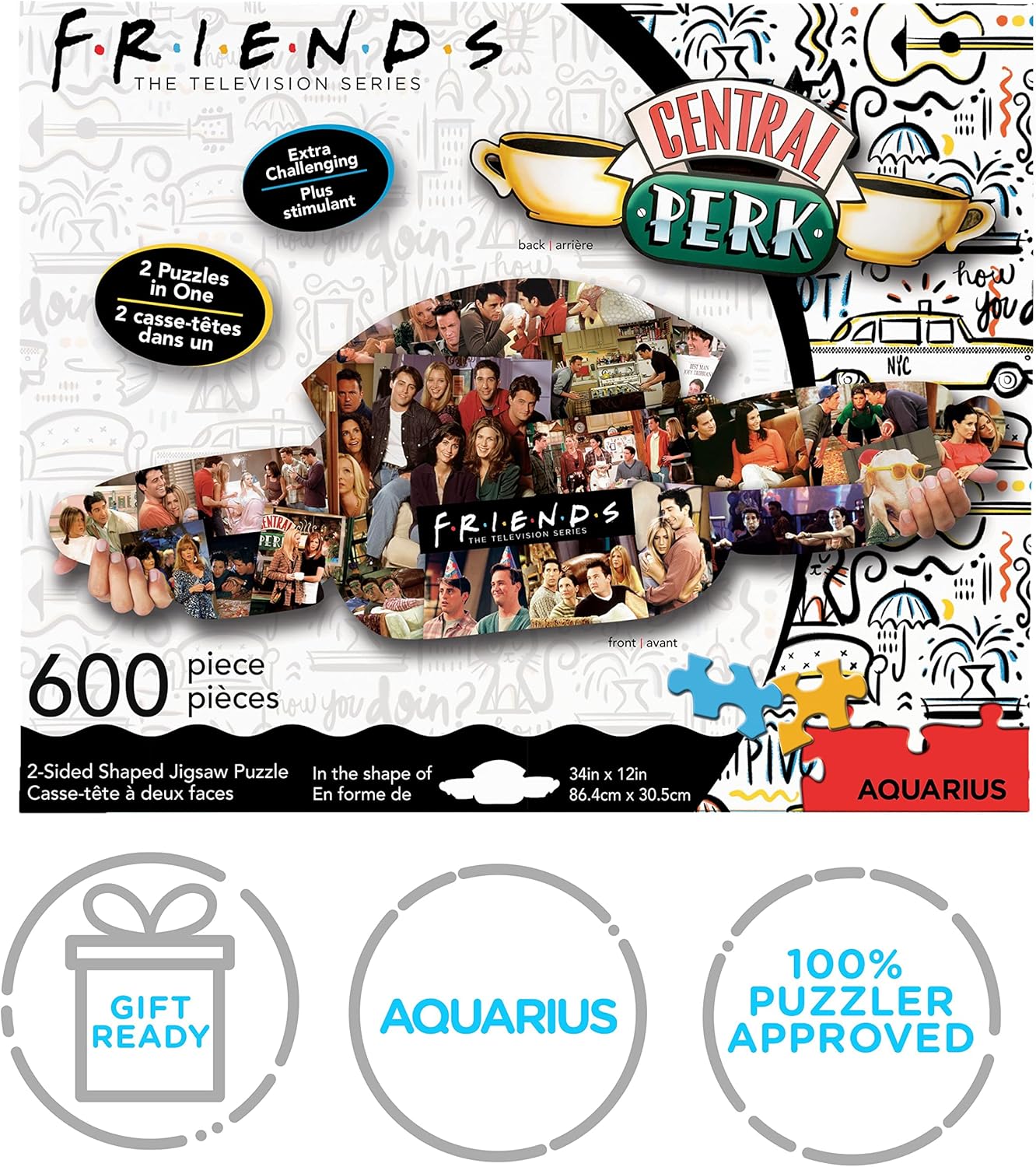 AQUARIUS Friends Central Perk Puzzle (2-Sided Shaped 600 Piece Jigsaw Puzzle) - Glare Free - Precision Fit - Officially Licensed Friends TV Show Merchandise & Collectibles - 34 x 12 Inches