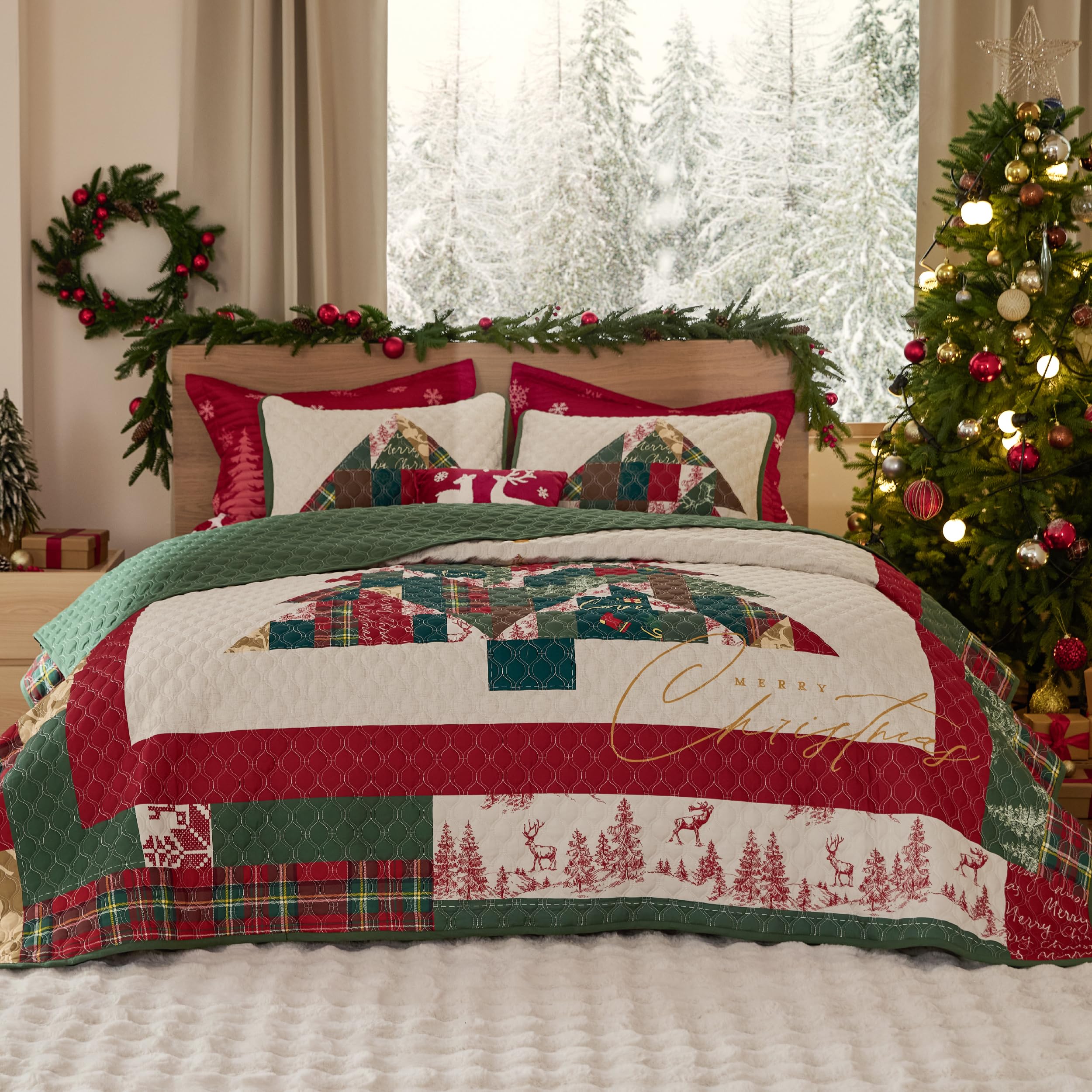 Bedsure Christmas Quilts Queen Size, Christmas Tree Parttern Comforter Set
