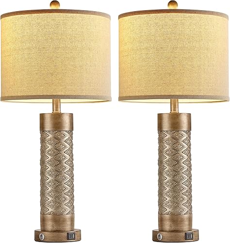 Miniatura 7 de Juego de 2 lámparas de mesa de granja de 28.5 pulgadas con puertos USB, lámpara de mesa alta con 2 bombillas de luz nocturna, lámpara de noche