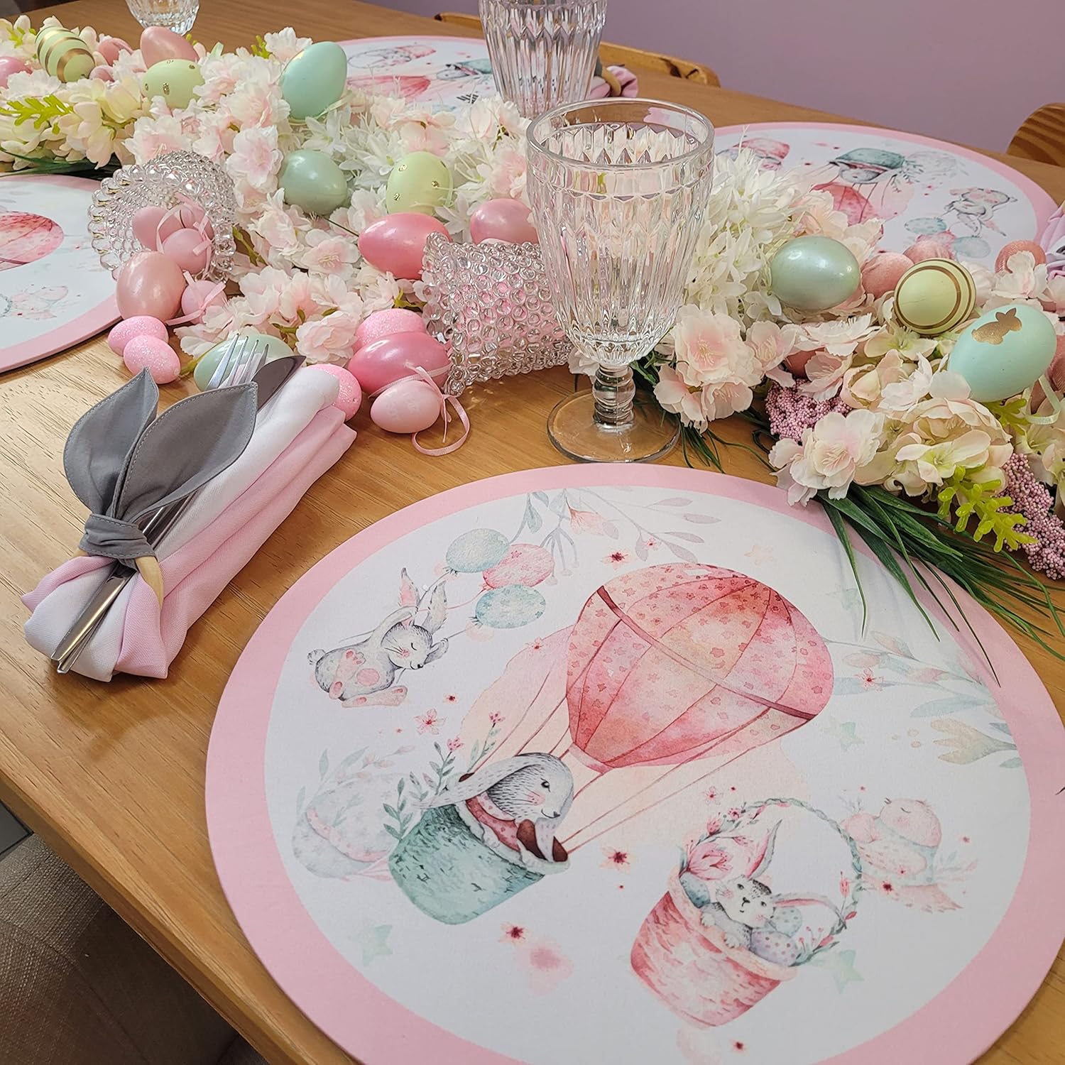 Maison Charlo | Set of 4 Washable Easter Rose Balloon Round Placemat Covers - 14" Diameter for Kitchen and Dining Table