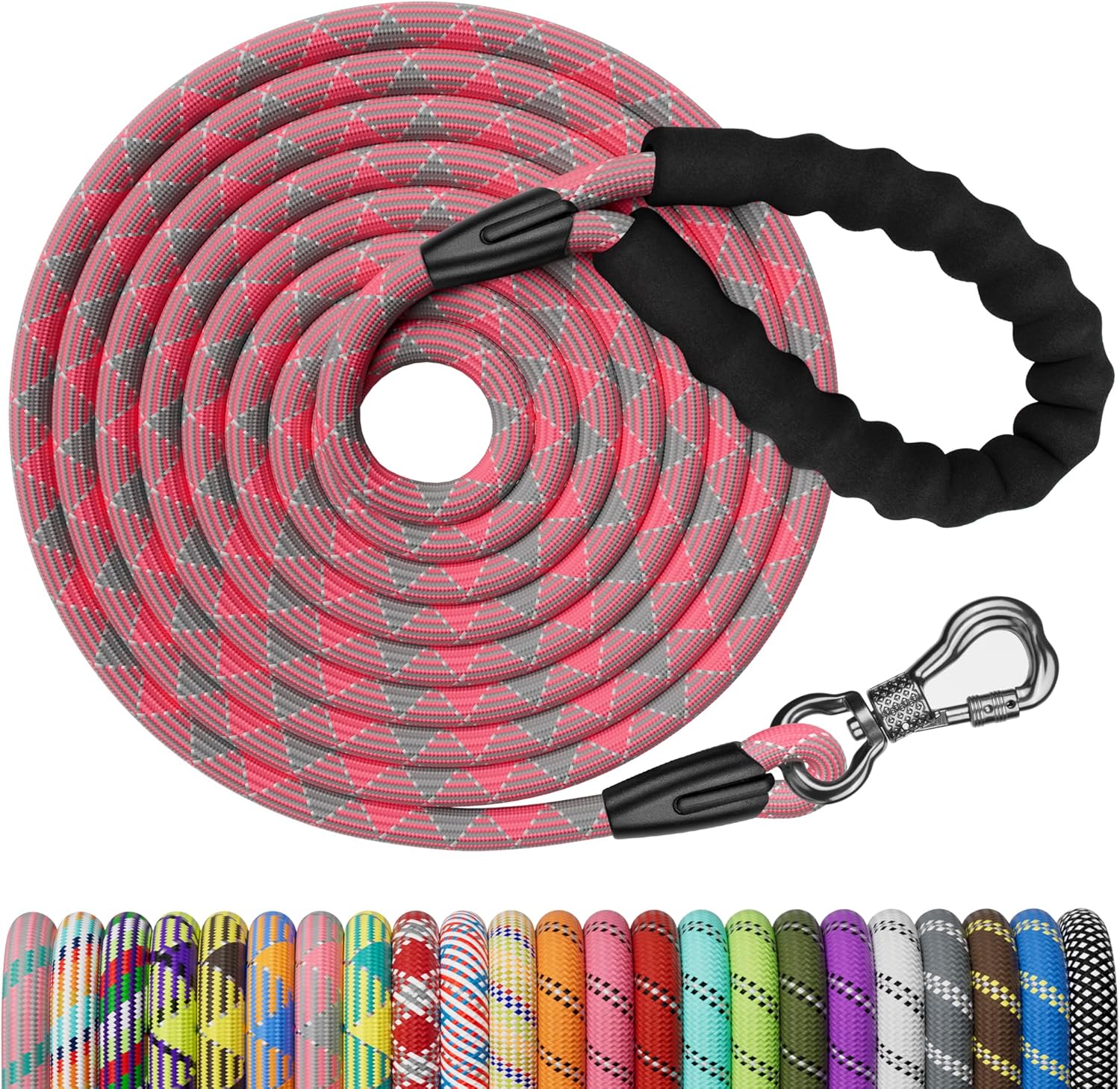 NTR Long Dog Leash, 30FT Check Cord with Swivel Lockable Hook and Comfortable Padded Handle for Pink Leash for Small Medium and Large Dogs Walking Training Hiking Camping Playing 30ft*1/3" Pink/Grey