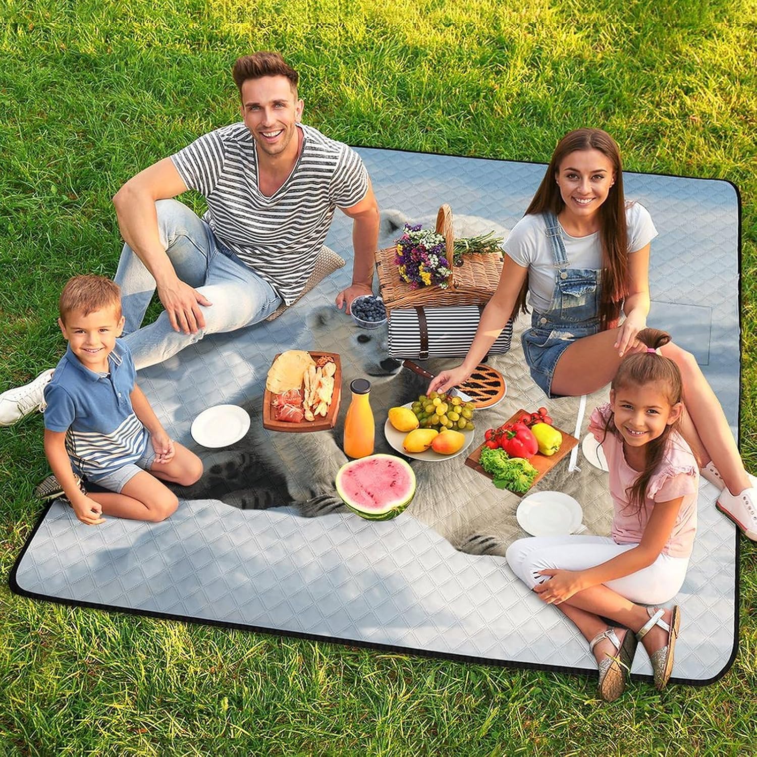 Cute Polar Bear Picnic Blanket 200x200cm, Foldable 2-in-1 Picnic Mat and Tote Bag Portable Waterproof Beach Mat Sandproof Outdoor Blanket for Park, Hiking, Beach, Camping, Travel