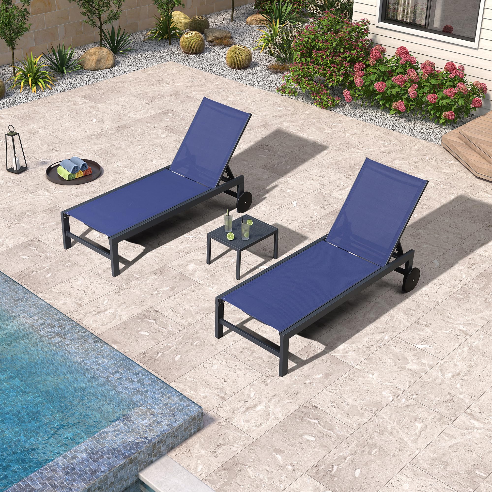 PURPLE LEAF Outdoor Chaise Lounge with Wheels for Outside 2 Pieces Aluminum Patio Lounge Chair with 5 Adjustable Position for Outdoor Beach Yard Pool