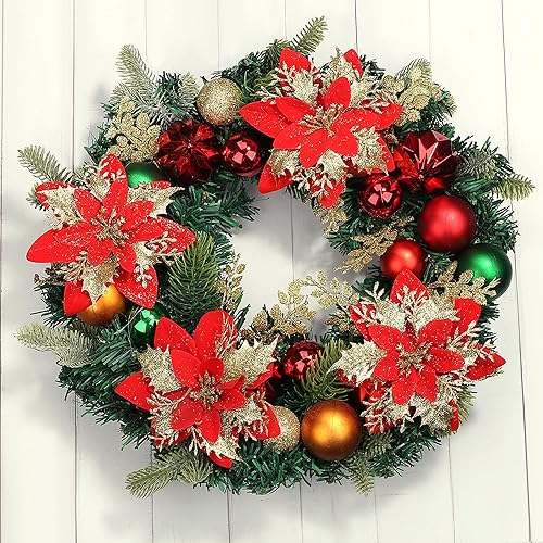 Miniatura 6 de SITUMEIZI 24 Piezas Flores de Pascua Artificiales de Navidad Rojas Doradas 5.5" Flores de Pascua con Purpurina Decoraciones de Navidad Flores de