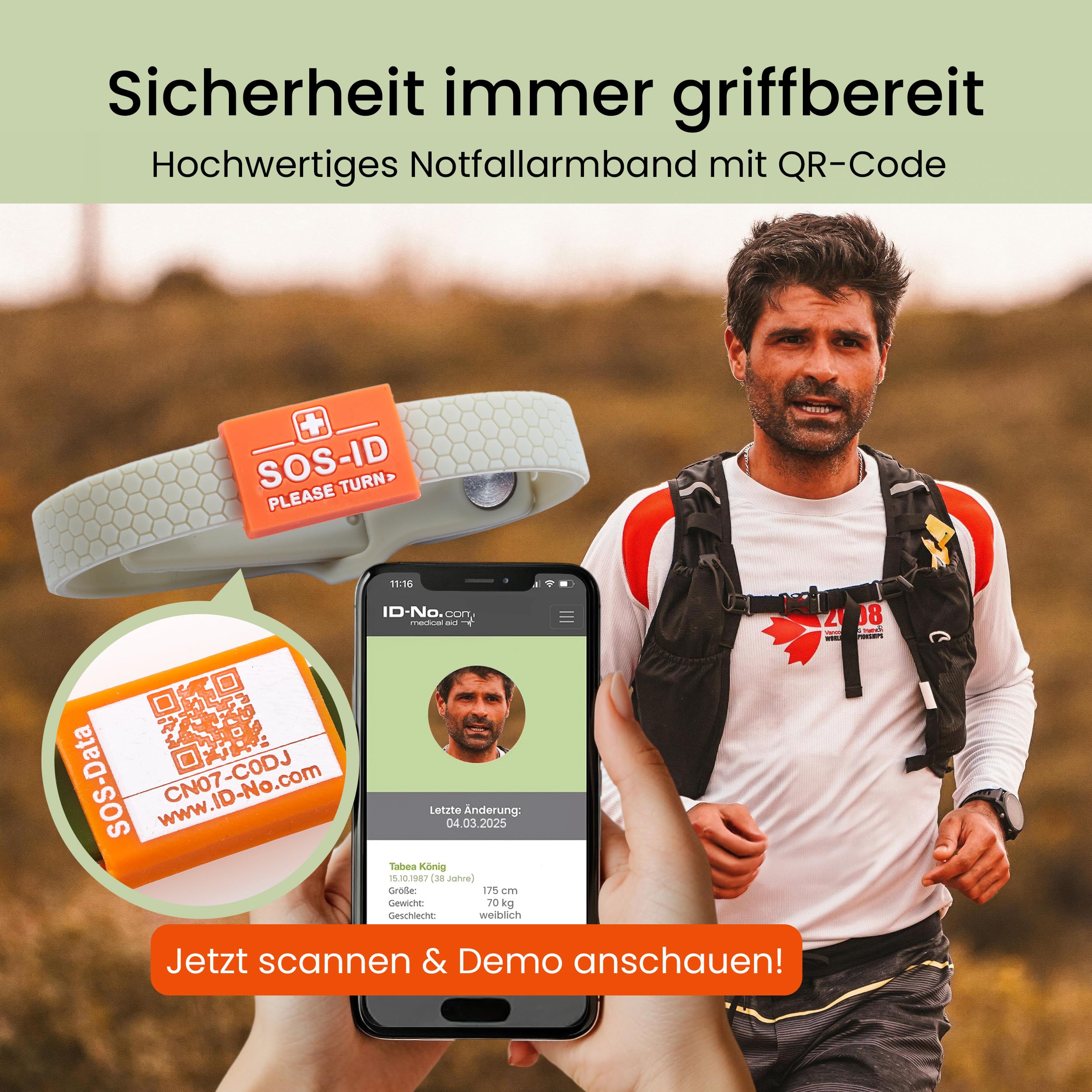 SOS-ID Sport Notfallarmband aus weichem Silikon mit QR-Code (Taupe) – langlebiges & wasserfestes SOS Armband für Notfälle – schneller Zugriff auf wichtige Gesundheitsdaten
