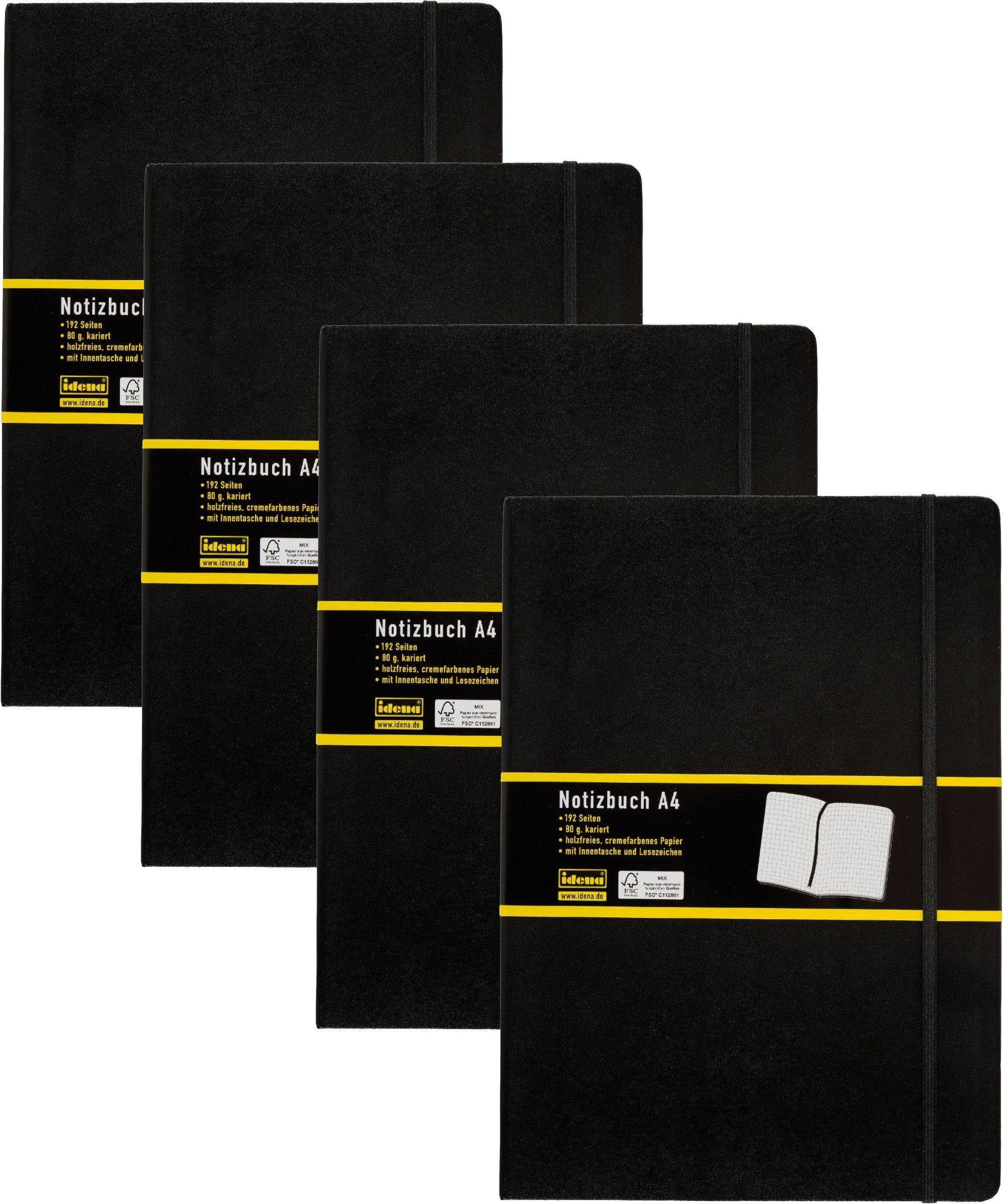 4 Stück Idena 209280 - Notizbuch DIN A4, 192 Seiten, 80 g/m², kariert, schwarz