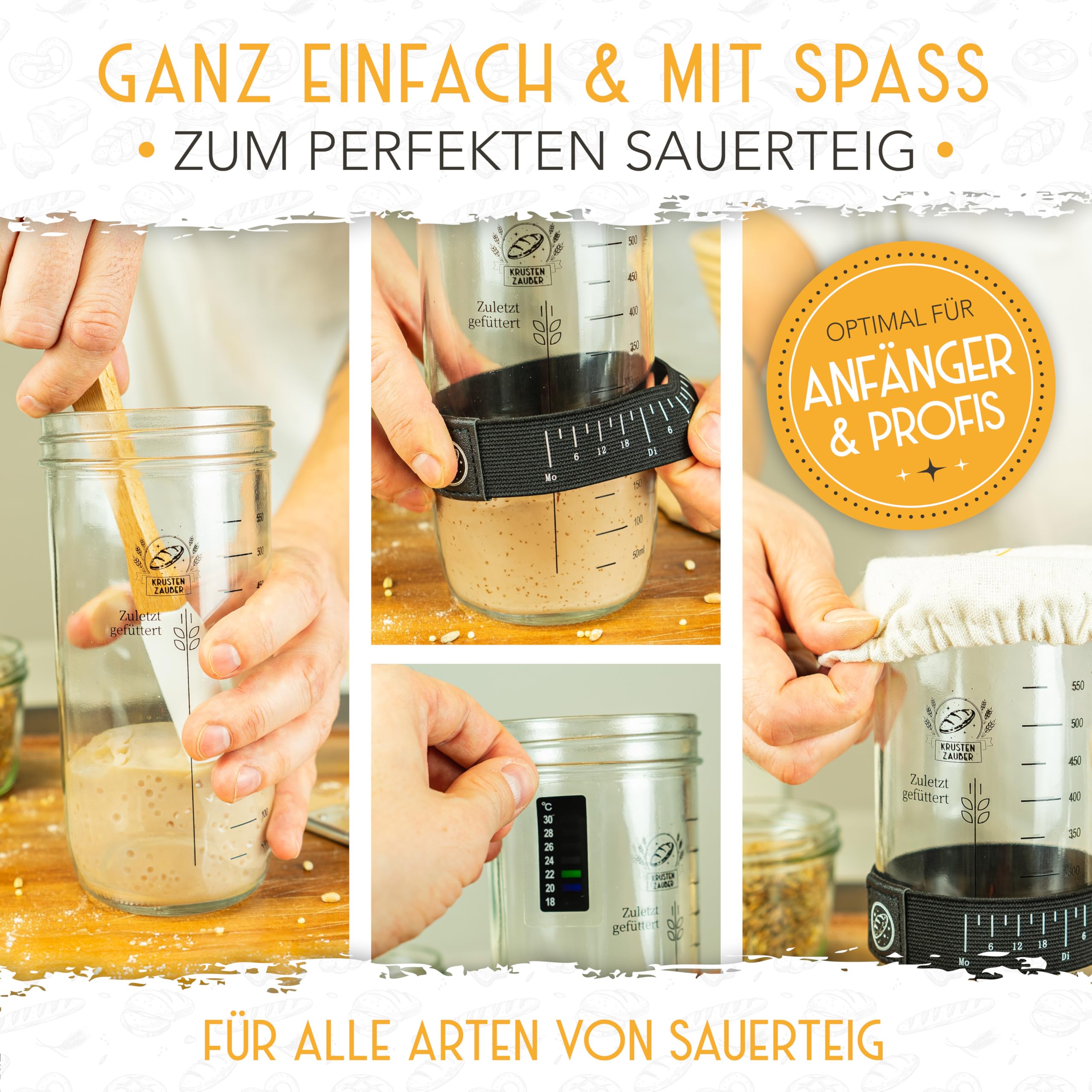 KRUSTENZAUBER 2er Set Gärkörbchen & 600ml Sauerteig Starter Set im Vorteilspack - Gärkörbe aus Rattan inkl. Gärtuch sowie Gärglas mit Spatel und Bäckermesser, Brot Backen Zubehör, Sauerteig-Glas
