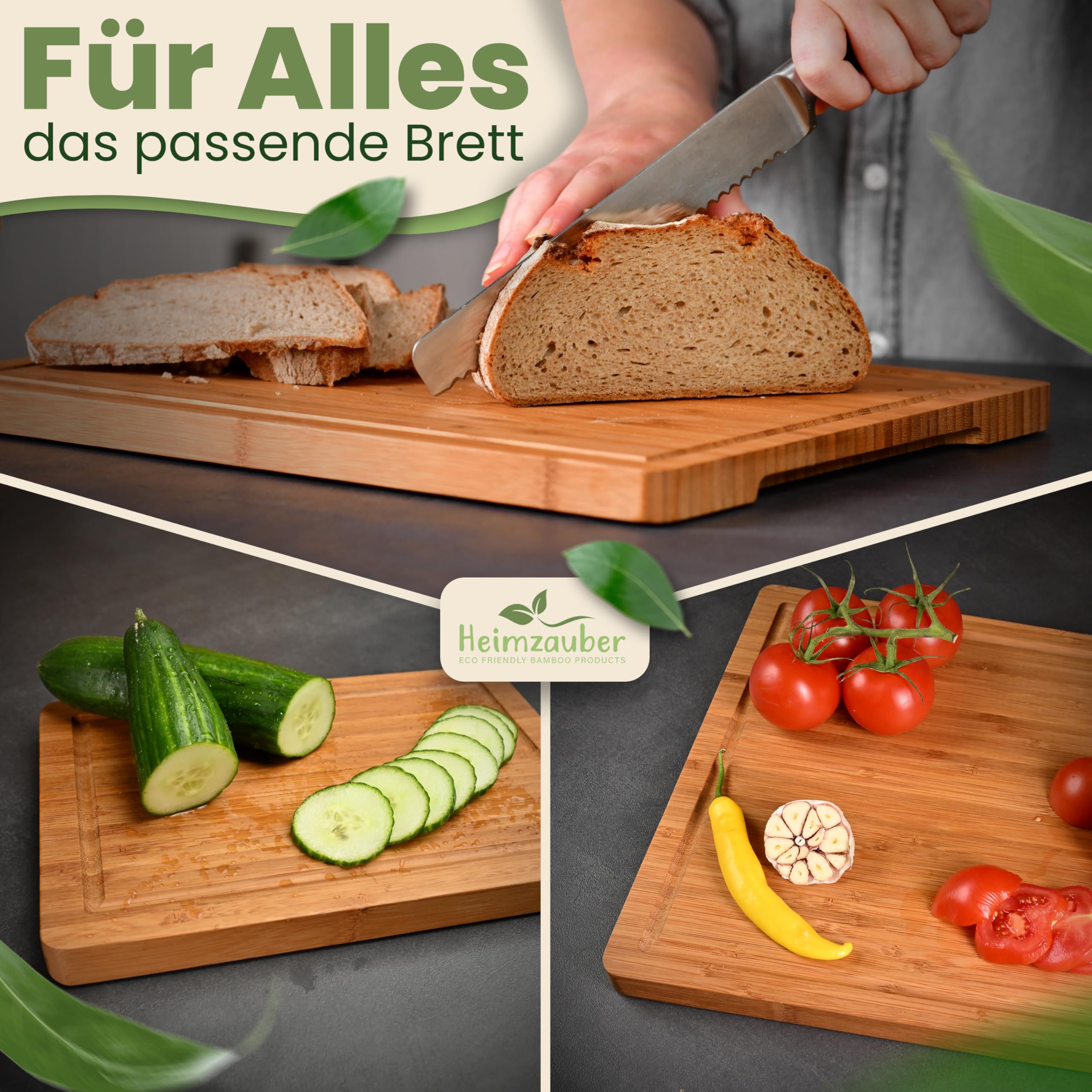 Schneidebrett Holz 3er Set | Premium Frühstücksbrettchen | Bambus Massiv 2cm dick | inkl. Ständer | Holzbrett Servierplatte mit Saftrille für die Küche