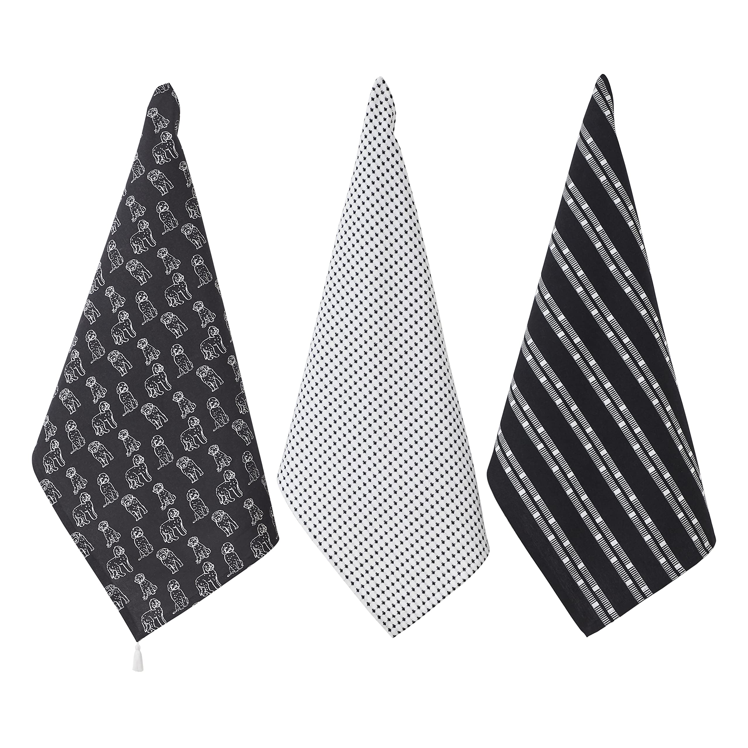 Penguin Home Set of 3 Recycled cotton Tea Towels, Eco Friendly Sustainable Plain weave printed kitchen towels with tassels on both corner Size - 50x70 cm Colour - White & Black Dish Towels