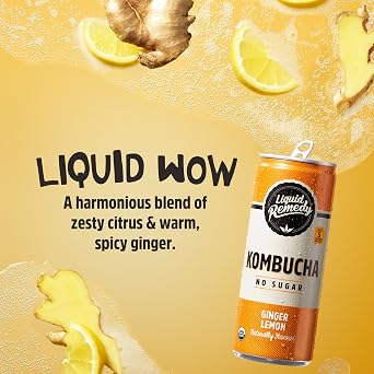 Liquid Remedy Kombucha Sugar Free Organic Drink, Low Calorie, Probiotic Like Tea for Gut Health - Ginger Lemon - 8.5 Fl Oz Can, 12-Pack