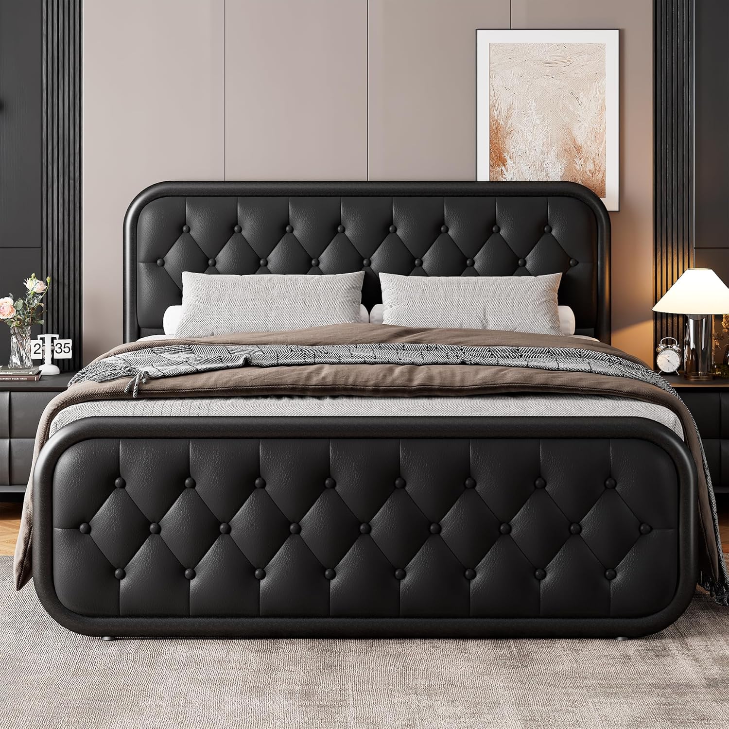 Queen Metal Bed Frame, Upholstered Bed with Leather Button-Tufted Headboard & Footboard, Heavy-Duty U-Shape Platform Bed, Easy Assembly, Black