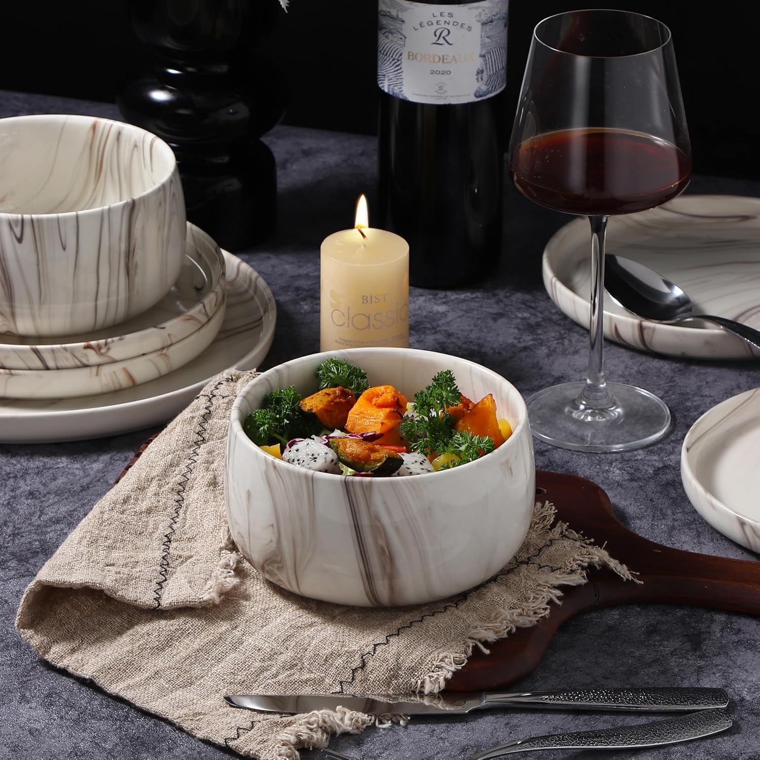 Lorren Home Trends Shiny Marble Pattern Dinnerware Set, 12 Piece Service for 4, Microwave and Dishwasher Safe