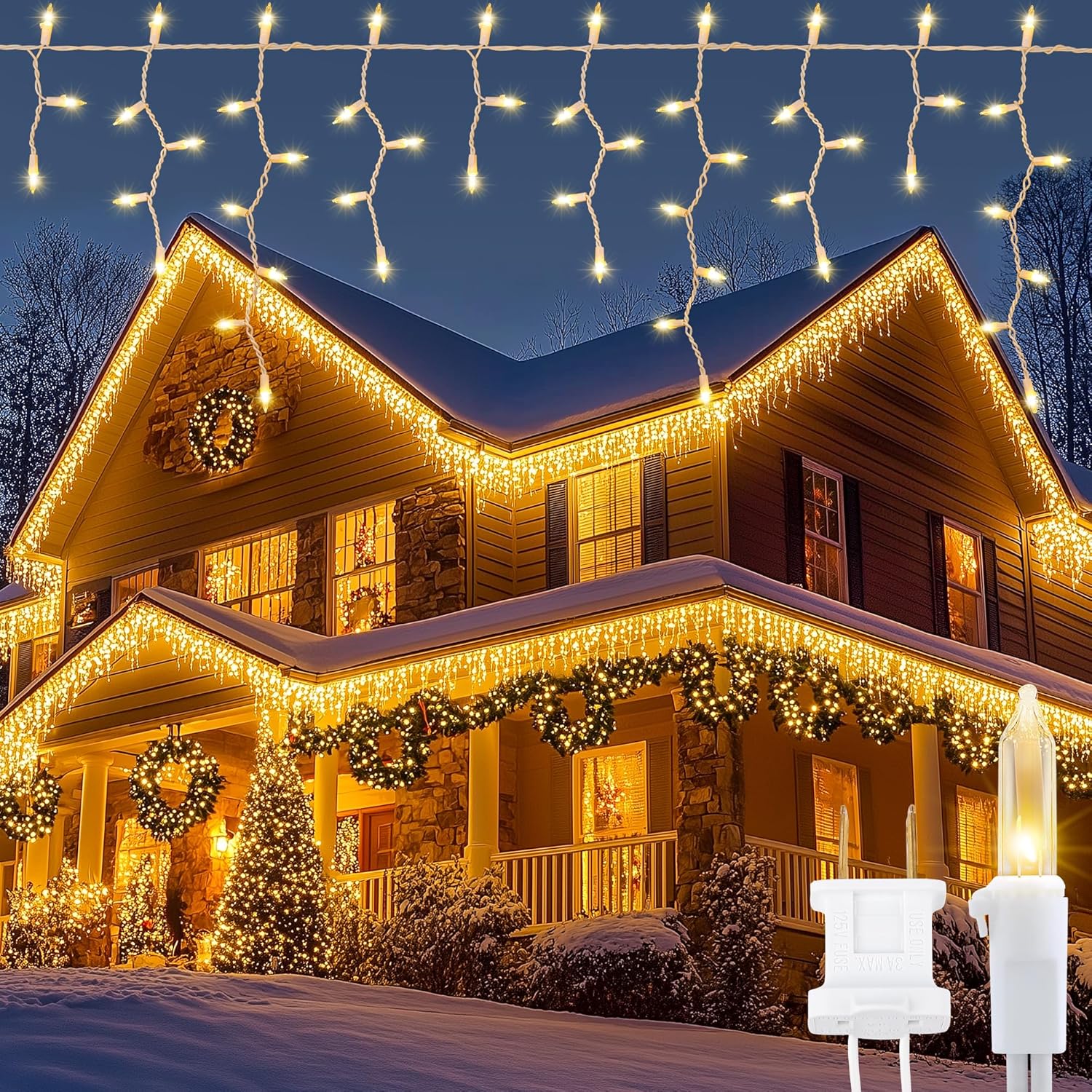 YOUNGAR Icicle Lights Outdoor, 23FT 200 Connectable Icicle Christmas Lights,Warm White Plug in Curtain String Lights for Indoor Wedding Party Holiday Xmas Yard Patio Window Decoration