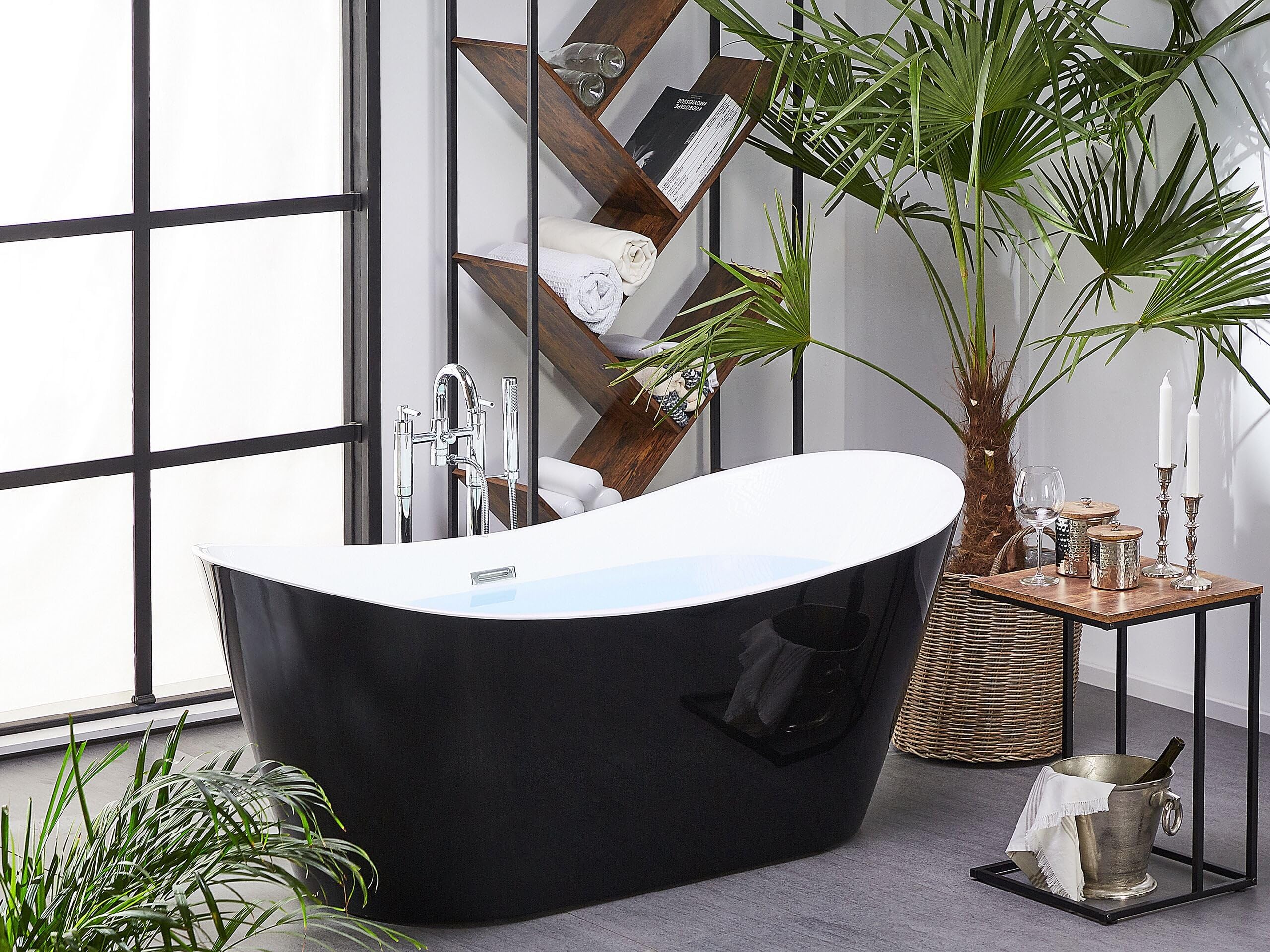 Bañera independiente de acrílico blanco negro con rebosadero 150 cm moderno Antigua