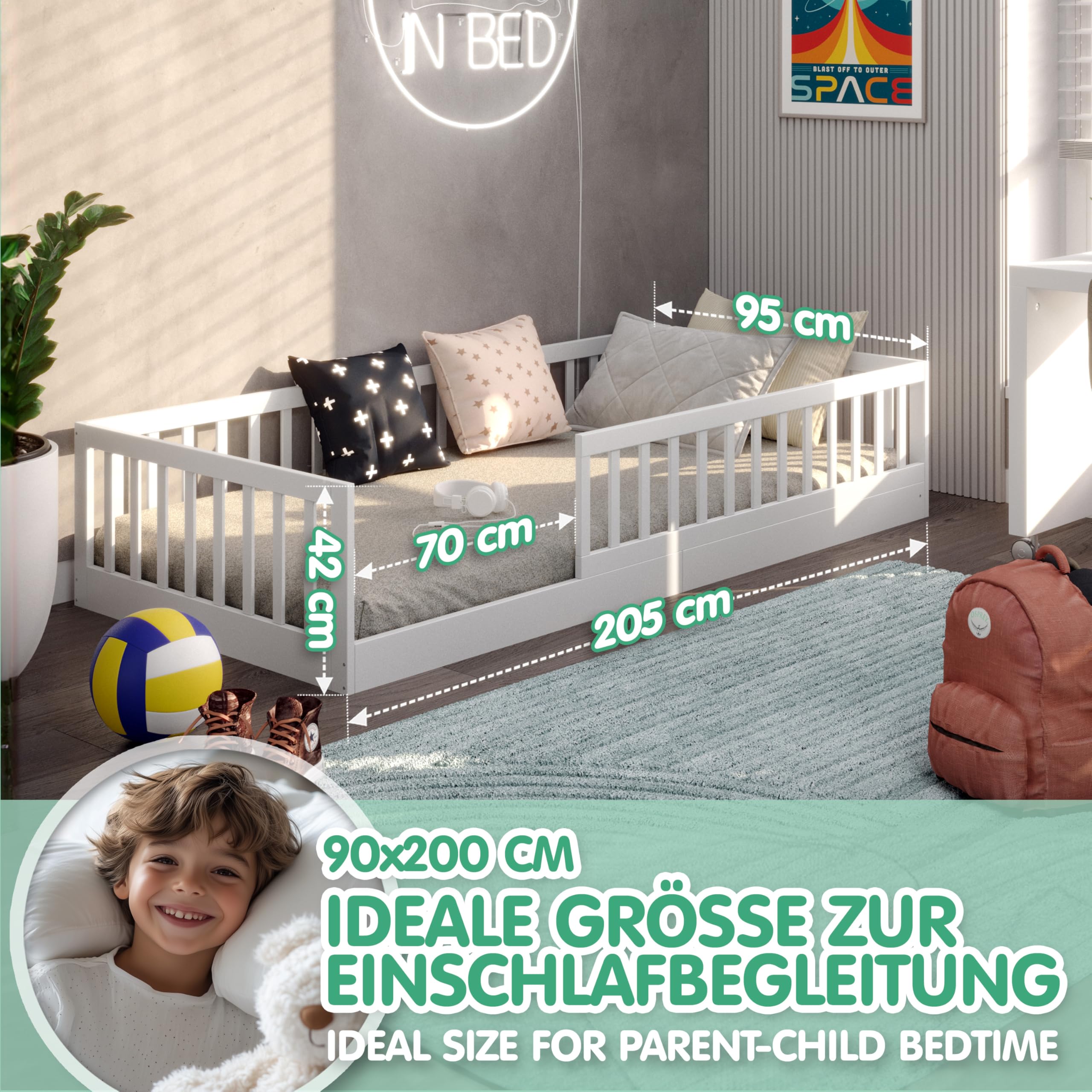 Lit Au Sol Montessori 90x200 Cm – En Bois De Pin, Barrière De Sécurité 30,5 Cm, Sommier à Lattes – Blanc, Design étoiles Et Lune