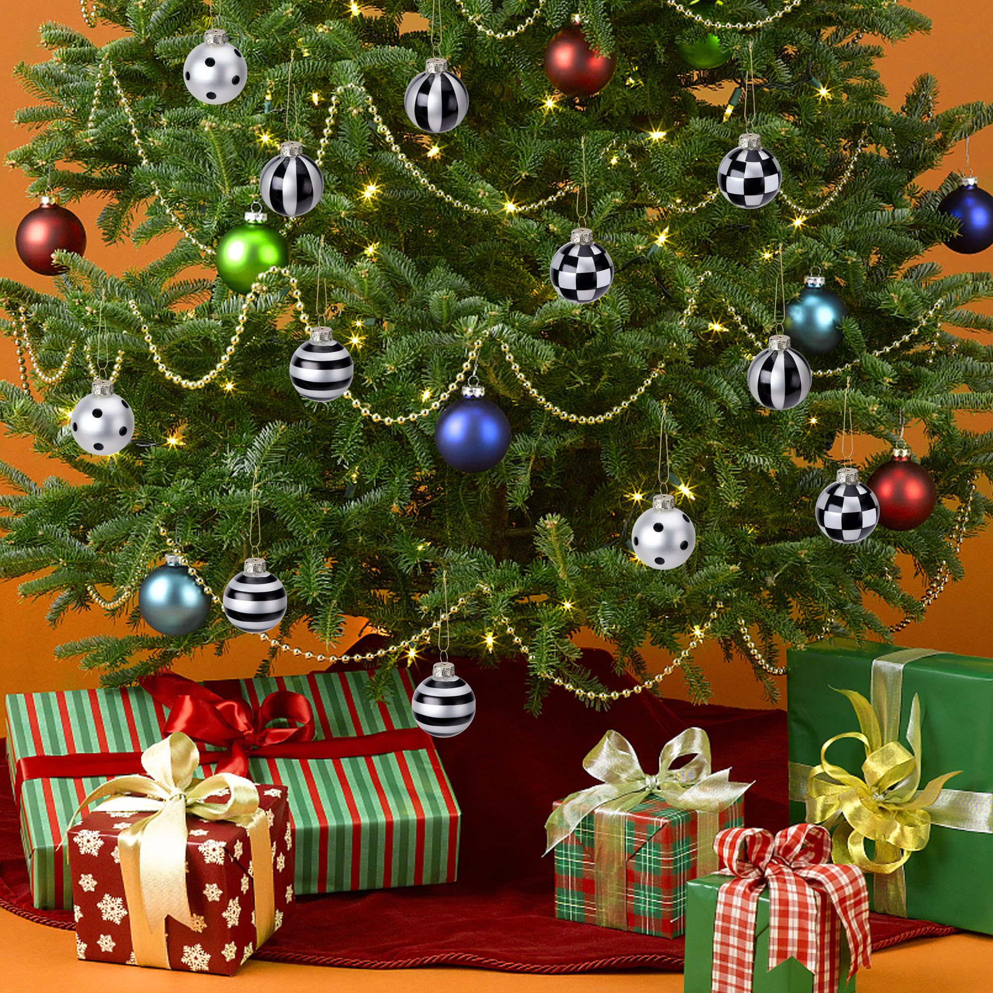12 Bolas De Lentejuelas Blancas Y Negras, Bolas Colgantes De Búfalo De Navidad, Inastillables, Adornos De árbol De Navidad A Cuadros Para Decoración Del Hogar Y Fiestas
