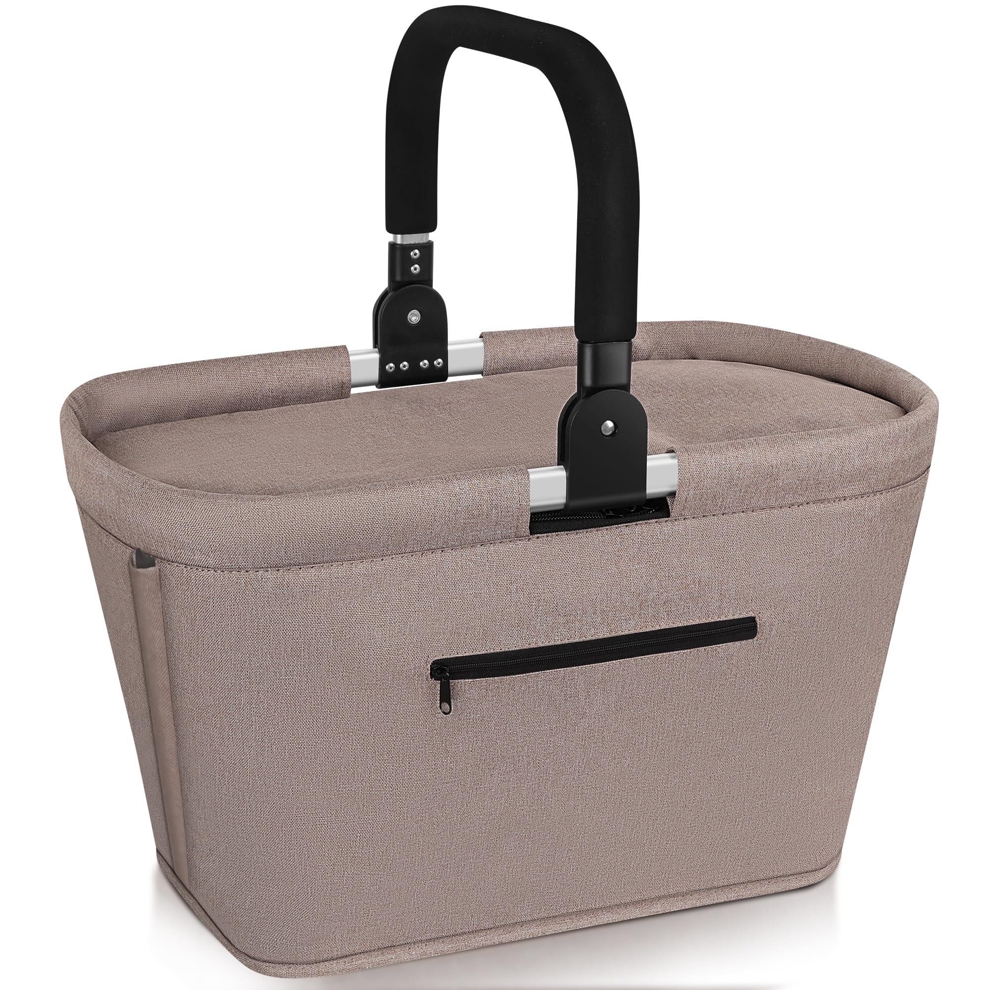 35L Kühltasche Einkaufskorb Faltbar mit 2 Stützstangen, Große Isolierte Kühlkorb mit Aluminium Griff Wasserabweisendes Praktischer Tragekorb für Reisen Picknick Einkaufen Geschenk - Khaki