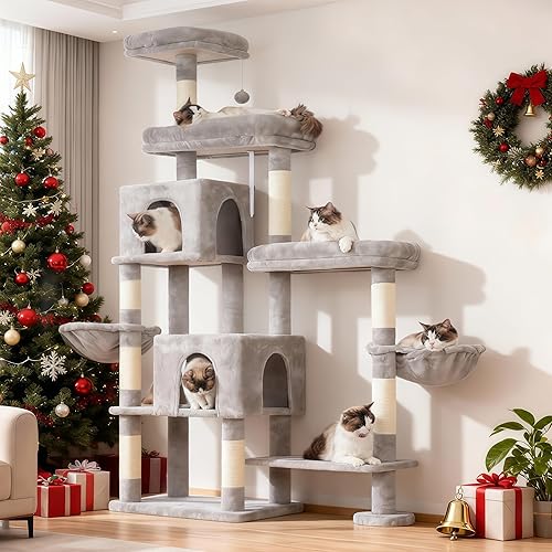 Hey-brother Cat Tree Tower, Scratching Posts with a Extended Part, Wide Platforms, Cozy Condos, Hammocks, Sisal Columns and Ball for Indoor Cats, 70.1 Inches, Light Gray MPJ038W