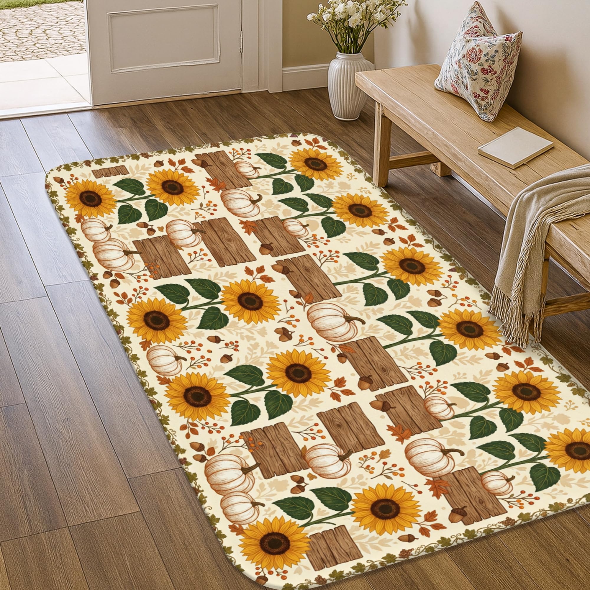 Alfombra rústica de girasoles con acabado efecto madera de alta resistencia