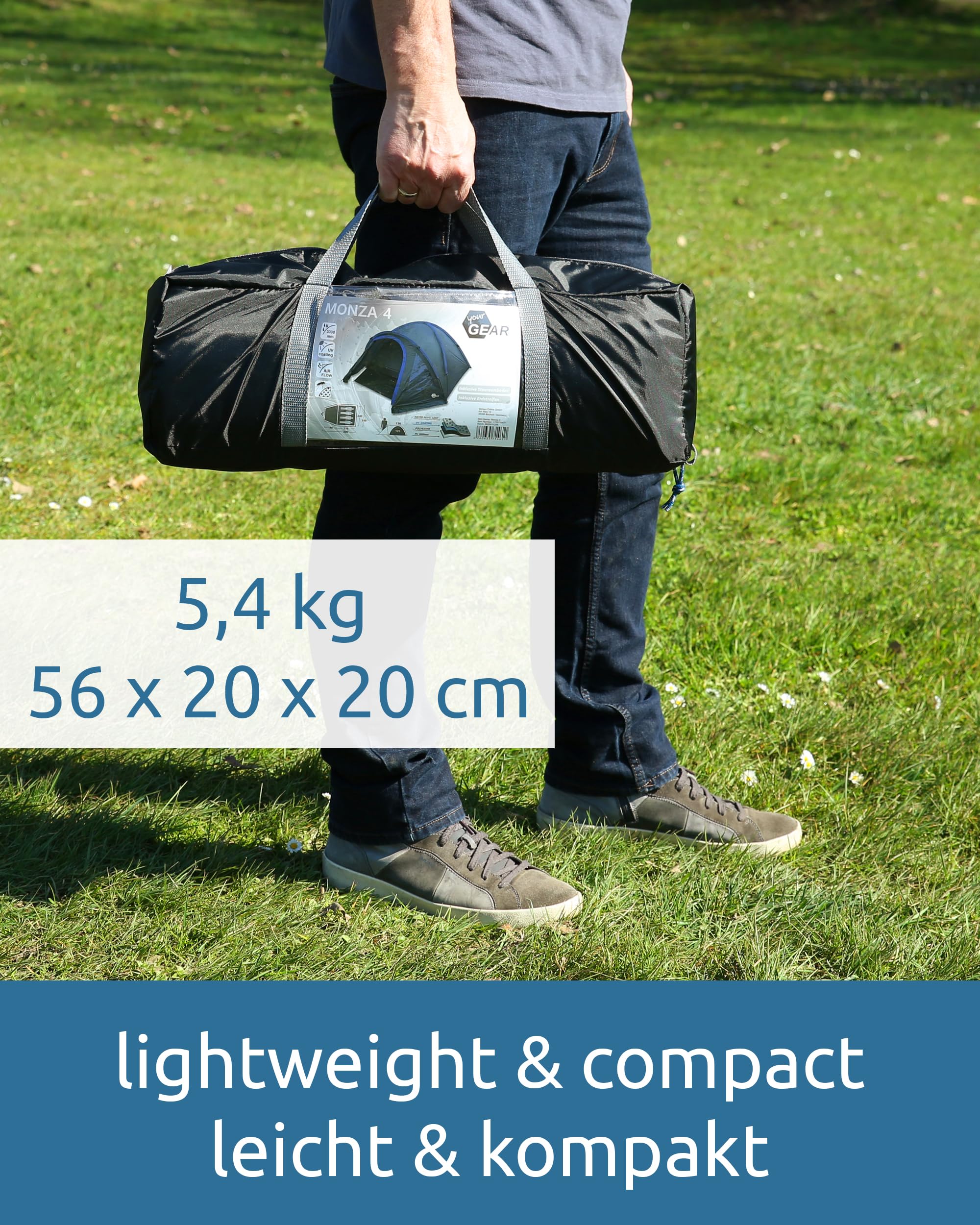 Your GEAR Monza - Tenda a cupola per 4 persone, UV50+, impermeabile, 3000 mm, con stelo, telone per pavimento, finestra, 56 x 20 x 20 cm