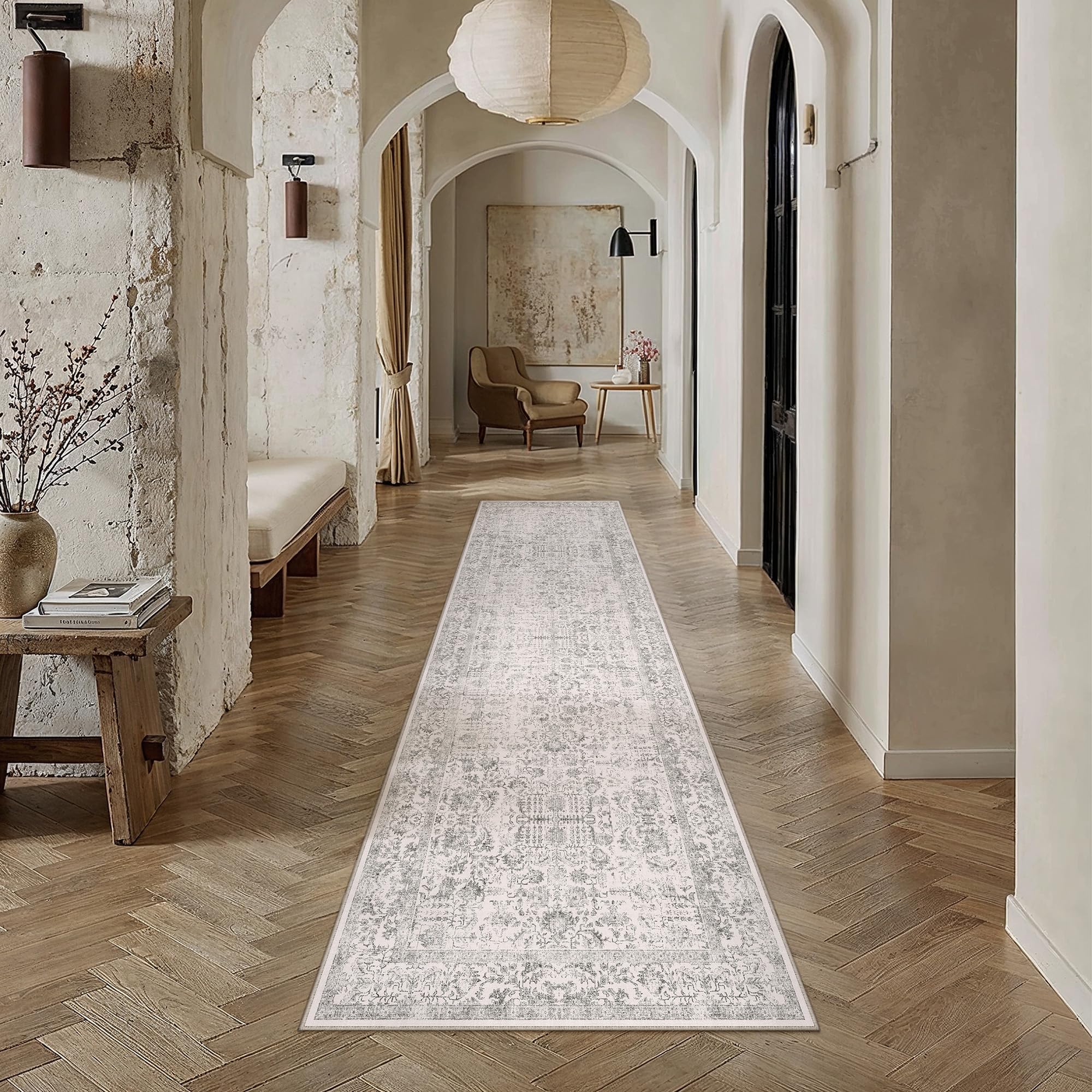 PureCozy Gray Runner Rug 2'6"x8' Washable Carpet for Hallway Kitchen Vintage Distressed Non Slip Indoor Grey Retro Floral Bedroom Accent Throw Long Rug Bathroom Office Laundry Dining Living Room โ image 1