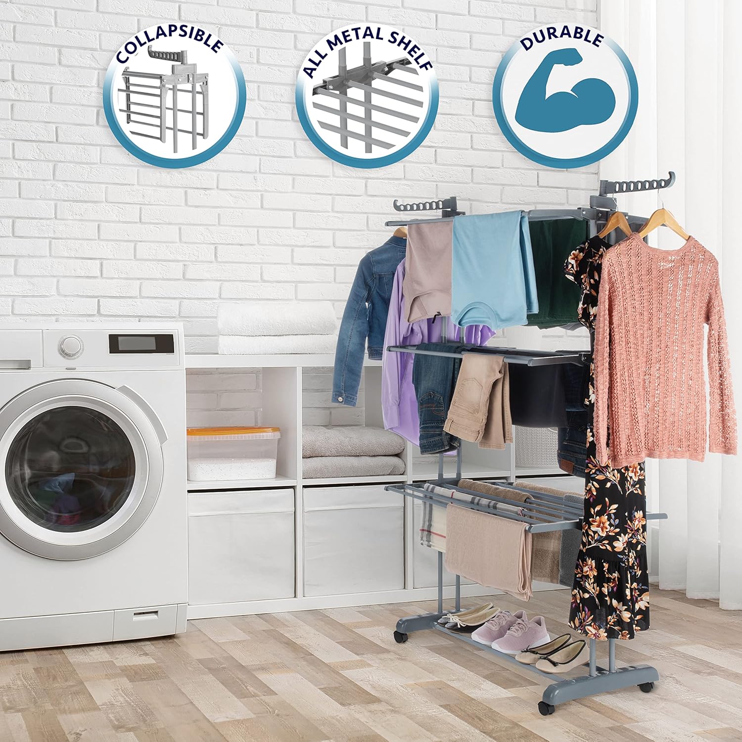 Luxe Laundry 4-Tier Clothes Drying Rack - Foldable & Collapsible Drying Rack - Free Standing Stainless Steel Laundry Drying Rack for Hangers, Garments, Towels and Clothing, Gray/Gray